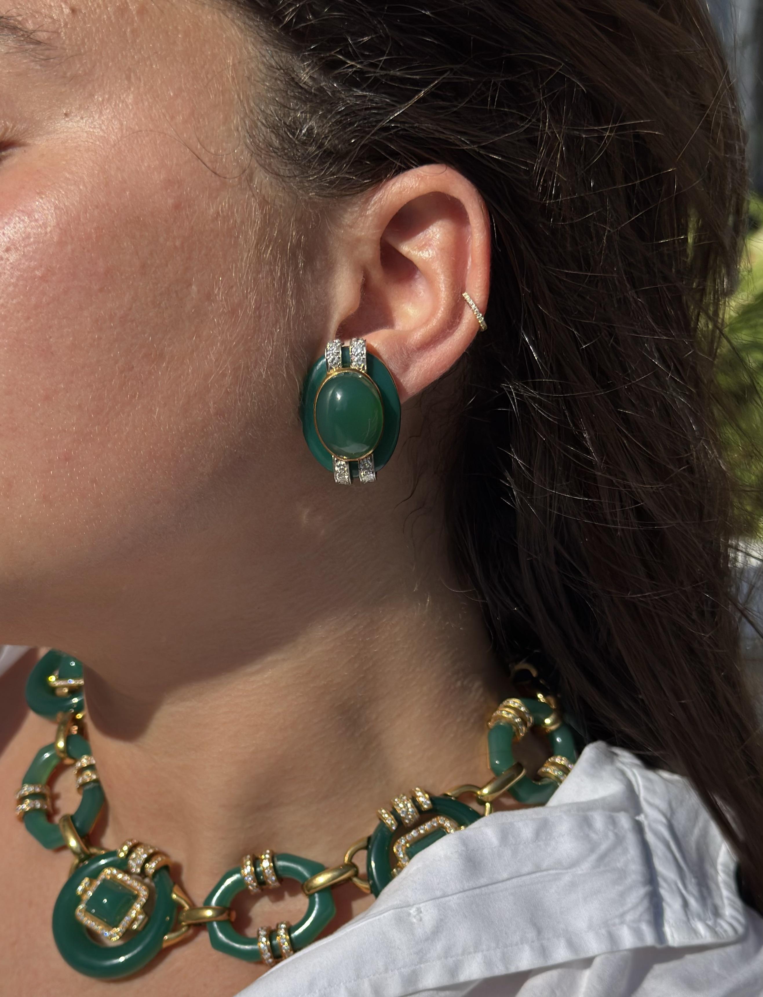 David Webb Chrysoprase Diamond Gold Platinum Earrings