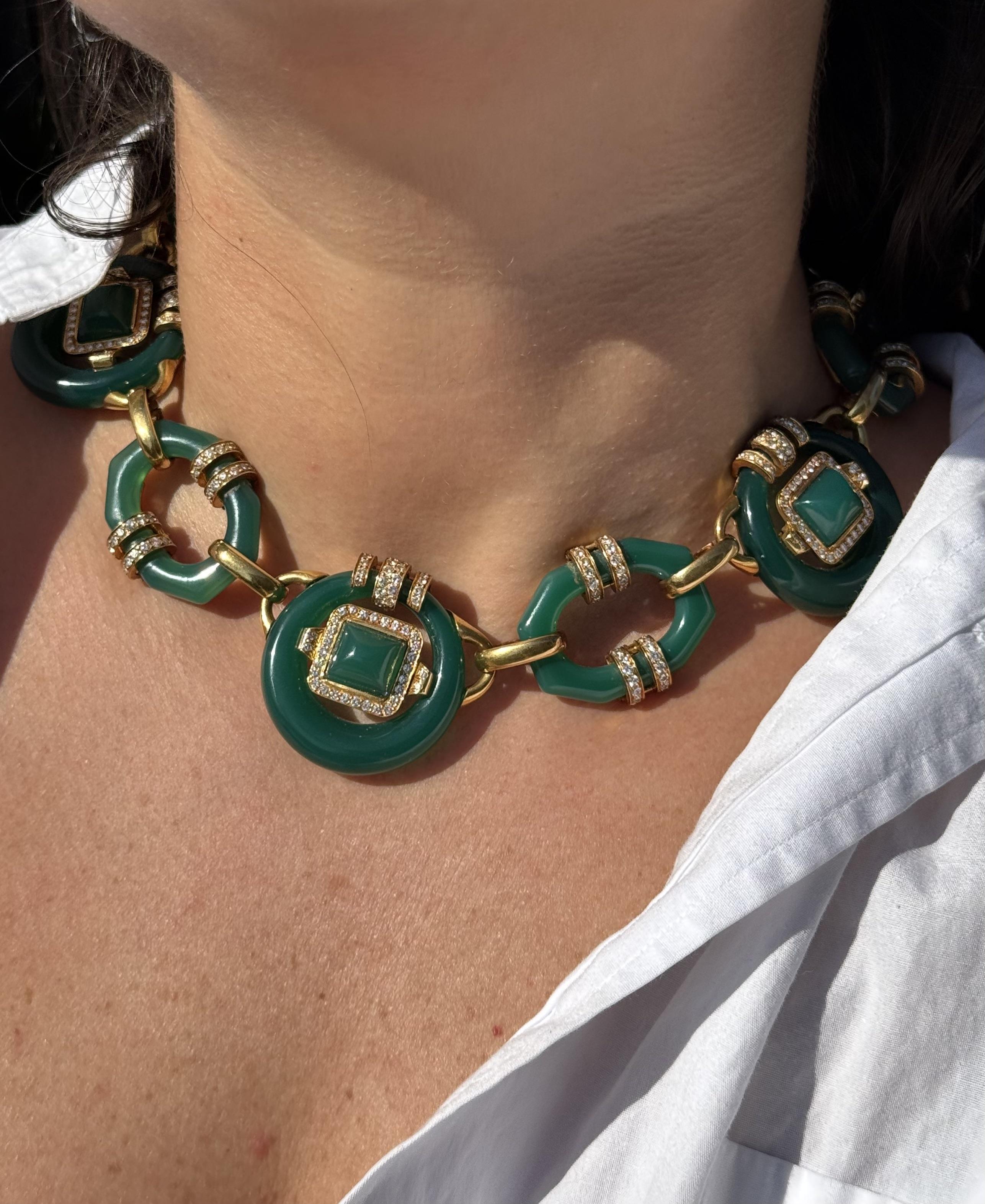 David Webb Chrysoprase Diamond Gold Necklace