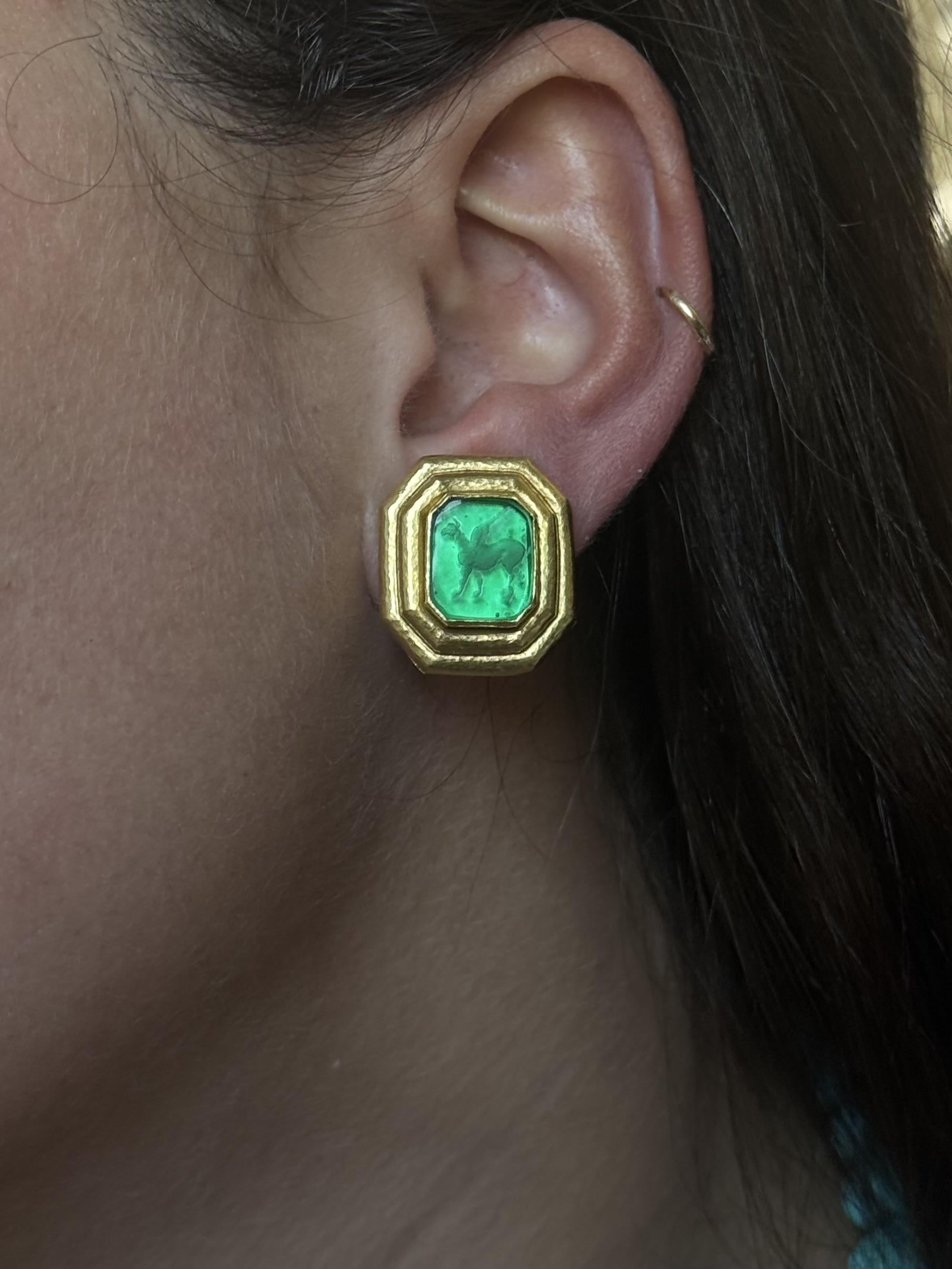 Elizabeth Locke Green Venetian Glass Intaglio Gold Earrings