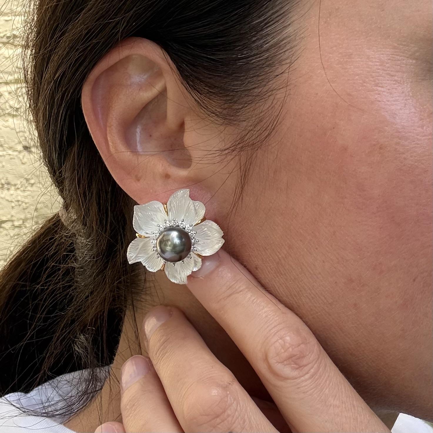 Seaman Schepps Clematis Crystal Tahitian Pearl Diamond Gold Flower Earrings