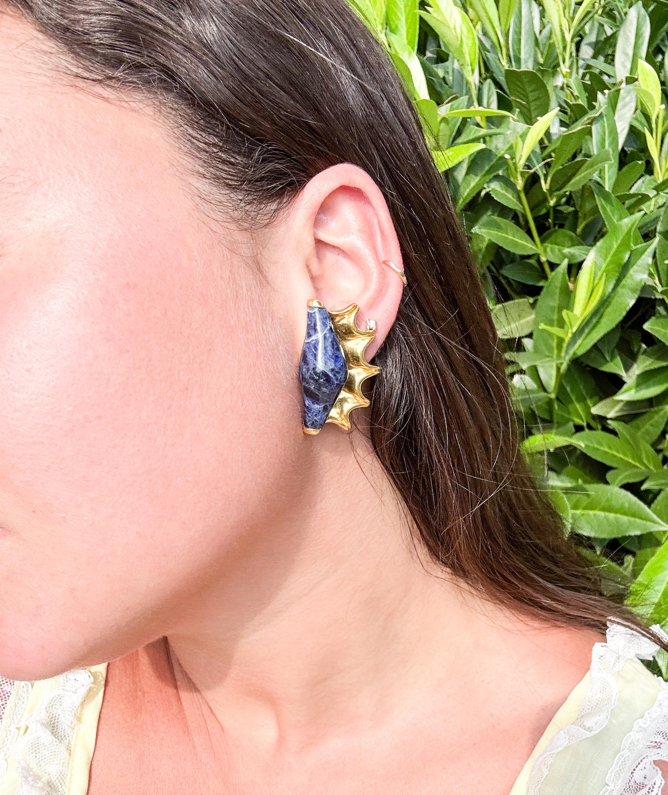 Lalaounis Greece Sodalite Gold Shell Motif Earrings
