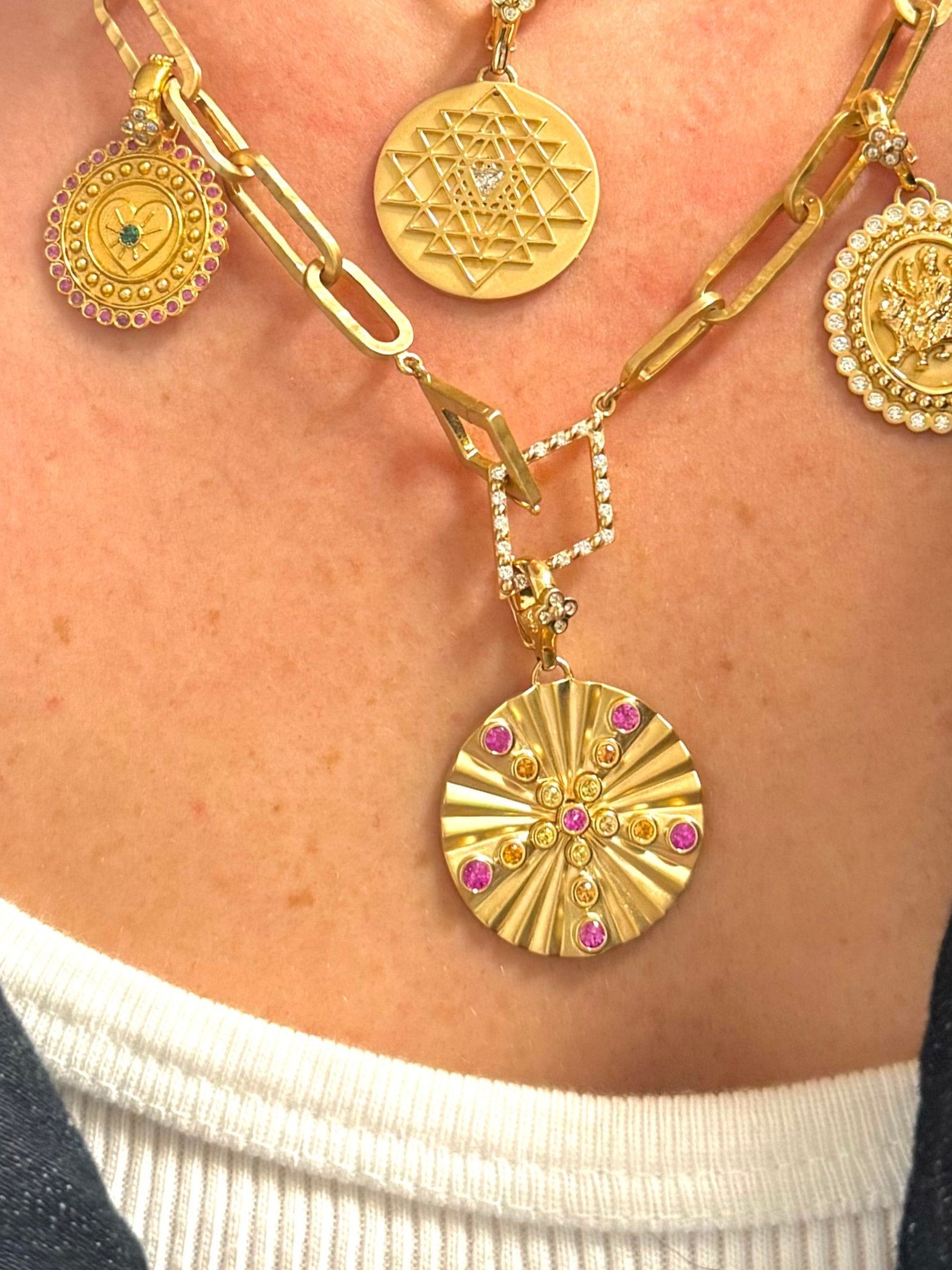 Orly Marcel Gold Multi Color Sapphire Diamond Shine Pendant