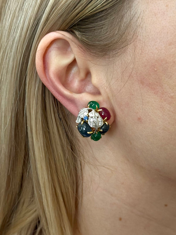 Seaman Schepps Tutti Frutti Emerald Ruby Sapphire Diamond Gold Earrings