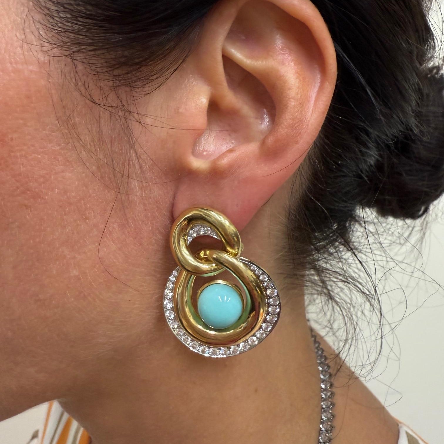 David Webb Turquoise Diamond Gold Platinum Oyster Earrings