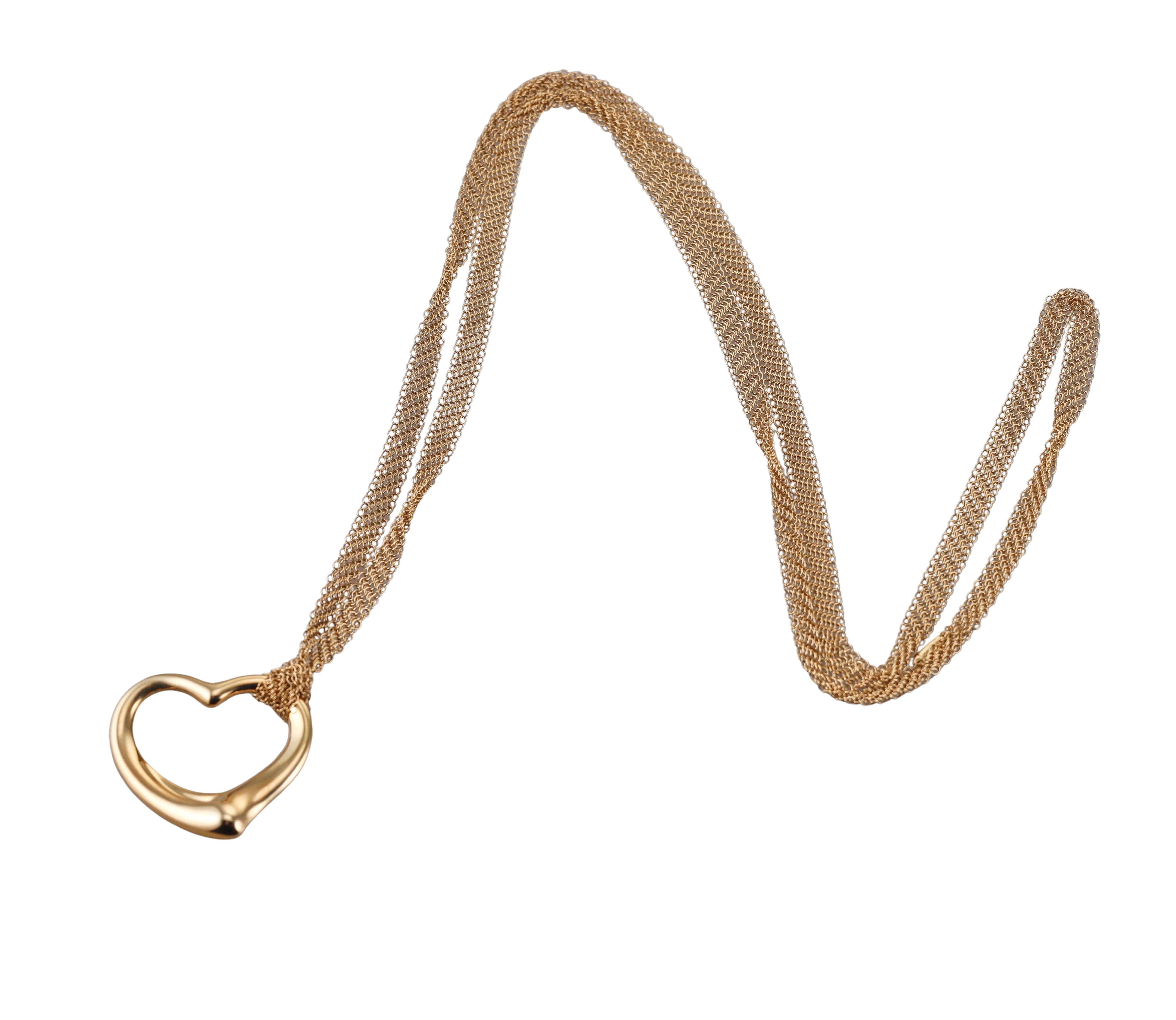 Tiffany & Co Elsa Peretti Open Heart Pendant Gold Mesh Necklace