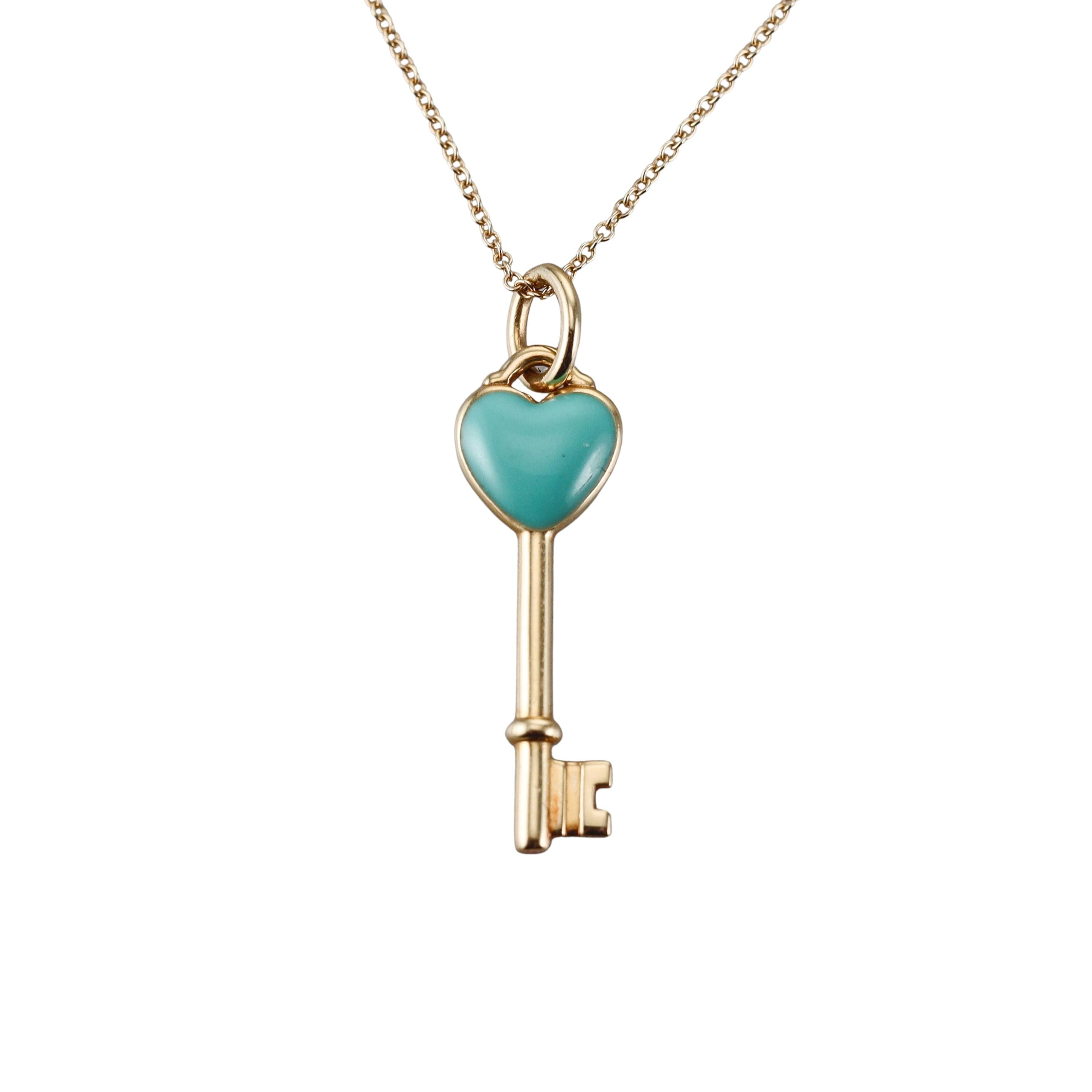 Tiffany & Co Blue Enamel Heart Key Gold Pendant Necklace