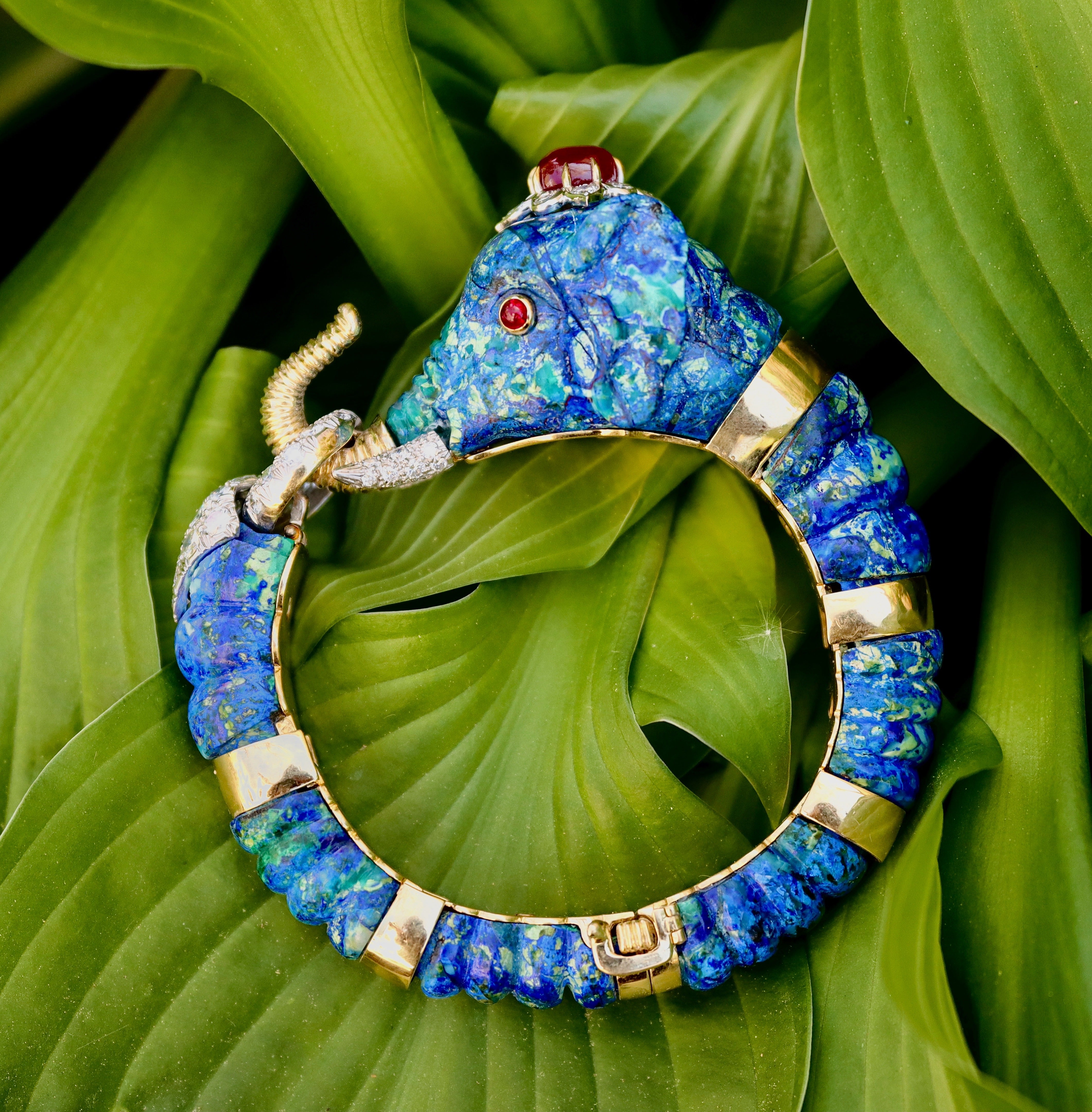 David Webb Diamond Ruby Azurmalachite Gold Platinum Elephant Bracelet