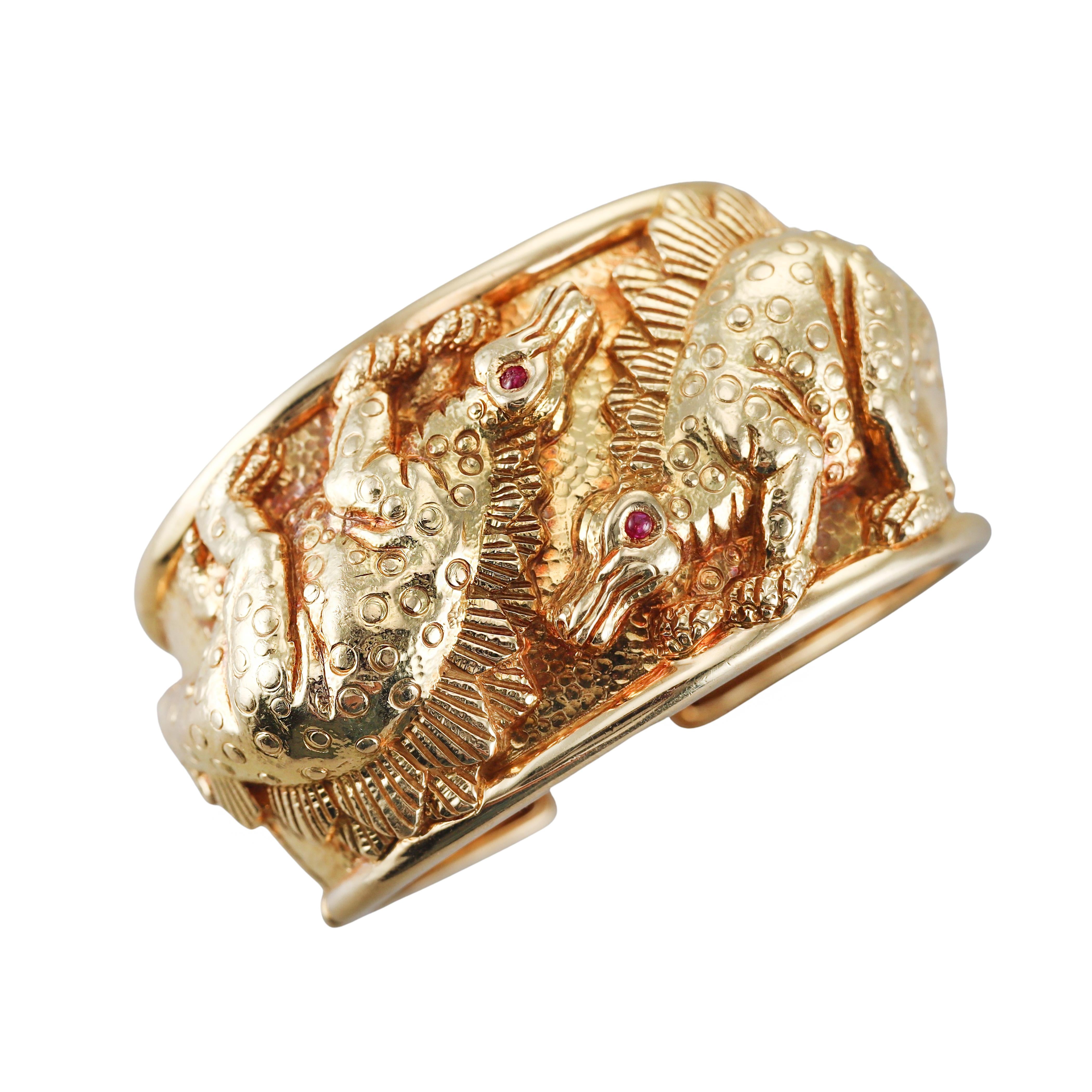David Webb Repousse Ruby Gold Stegosaurus Repousse Cuff Bracelet