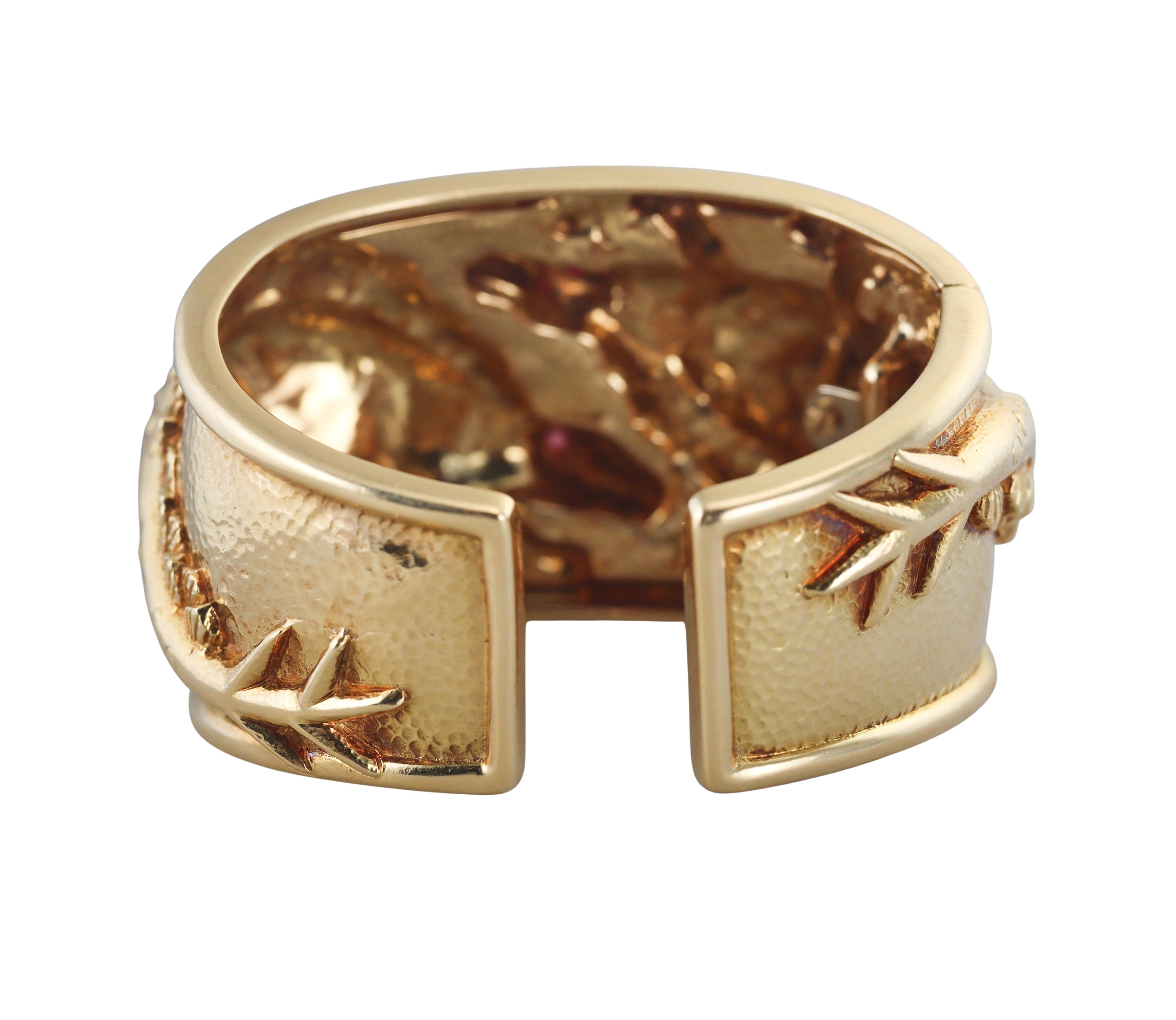David Webb Repousse Ruby Gold Stegosaurus Repousse Cuff Bracelet