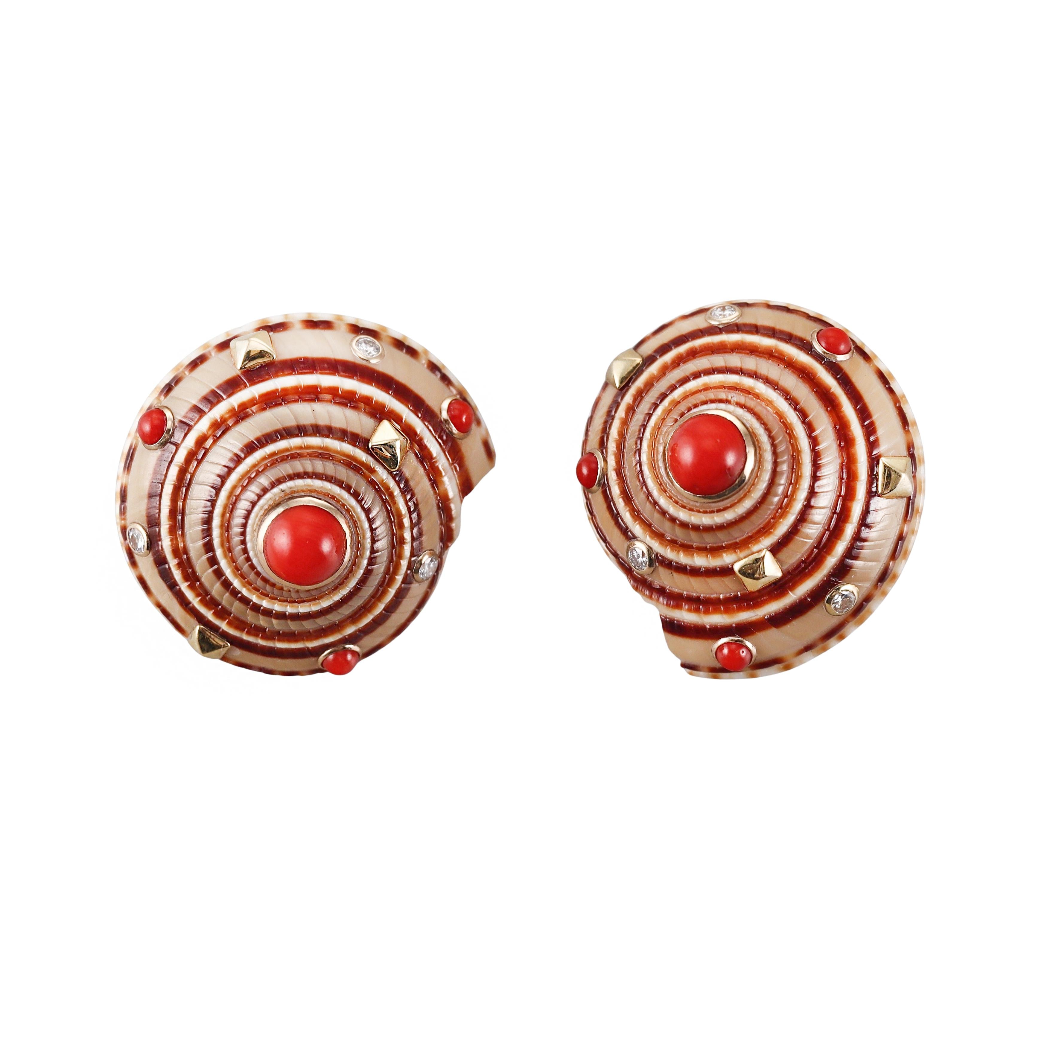 Coral Diamond Gold Shell Earrings