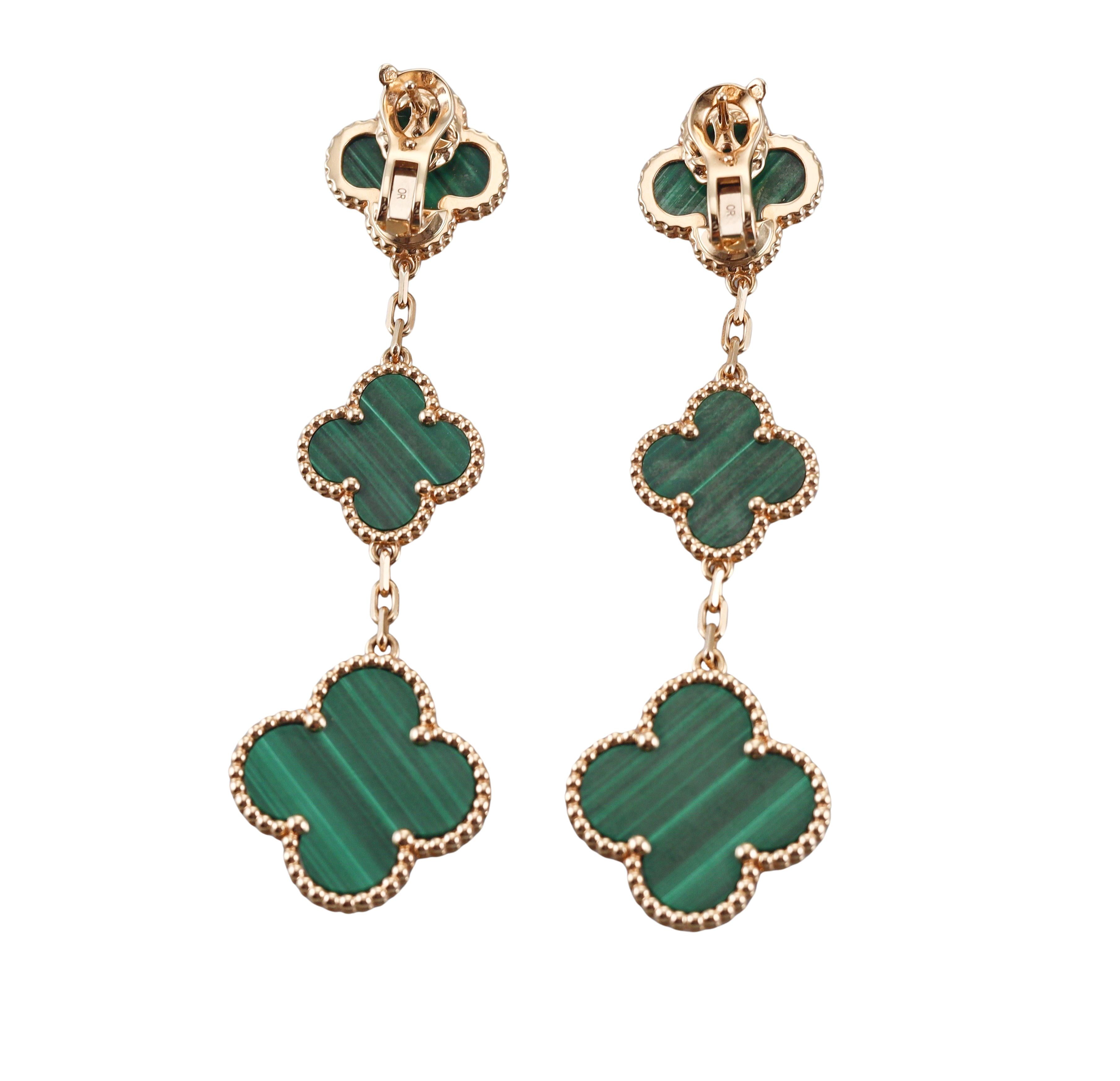 Van Cleef & Arpels Magic Alhambra 3 Motifs Malachite Gold Earrings