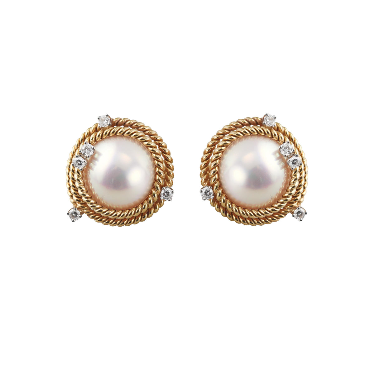Tiffany & Co Schlumberger Rope Diamond Pearl Gold Platinum Earrings