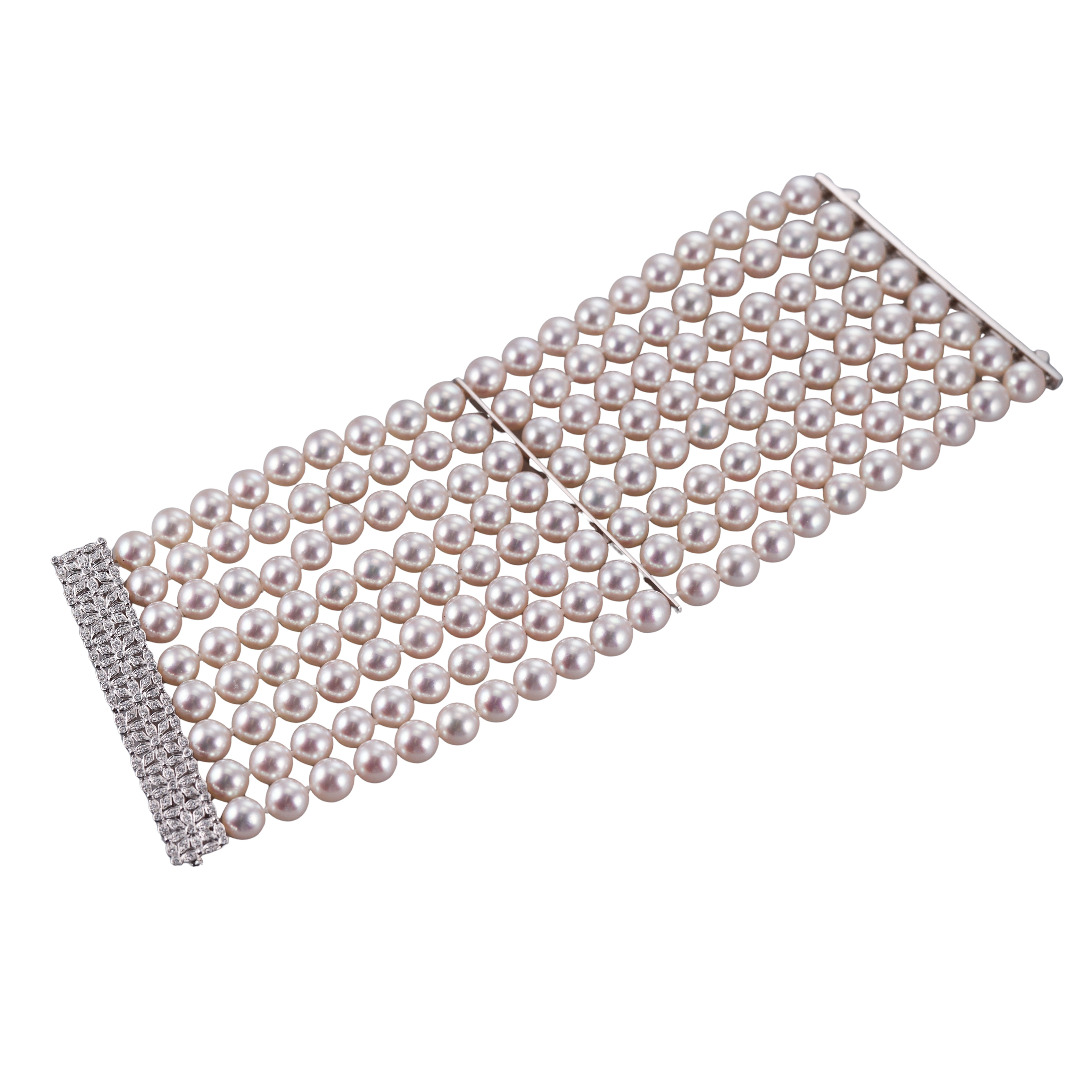 Assael Pearl Diamond Gold Wide Multi Strand Bracelet