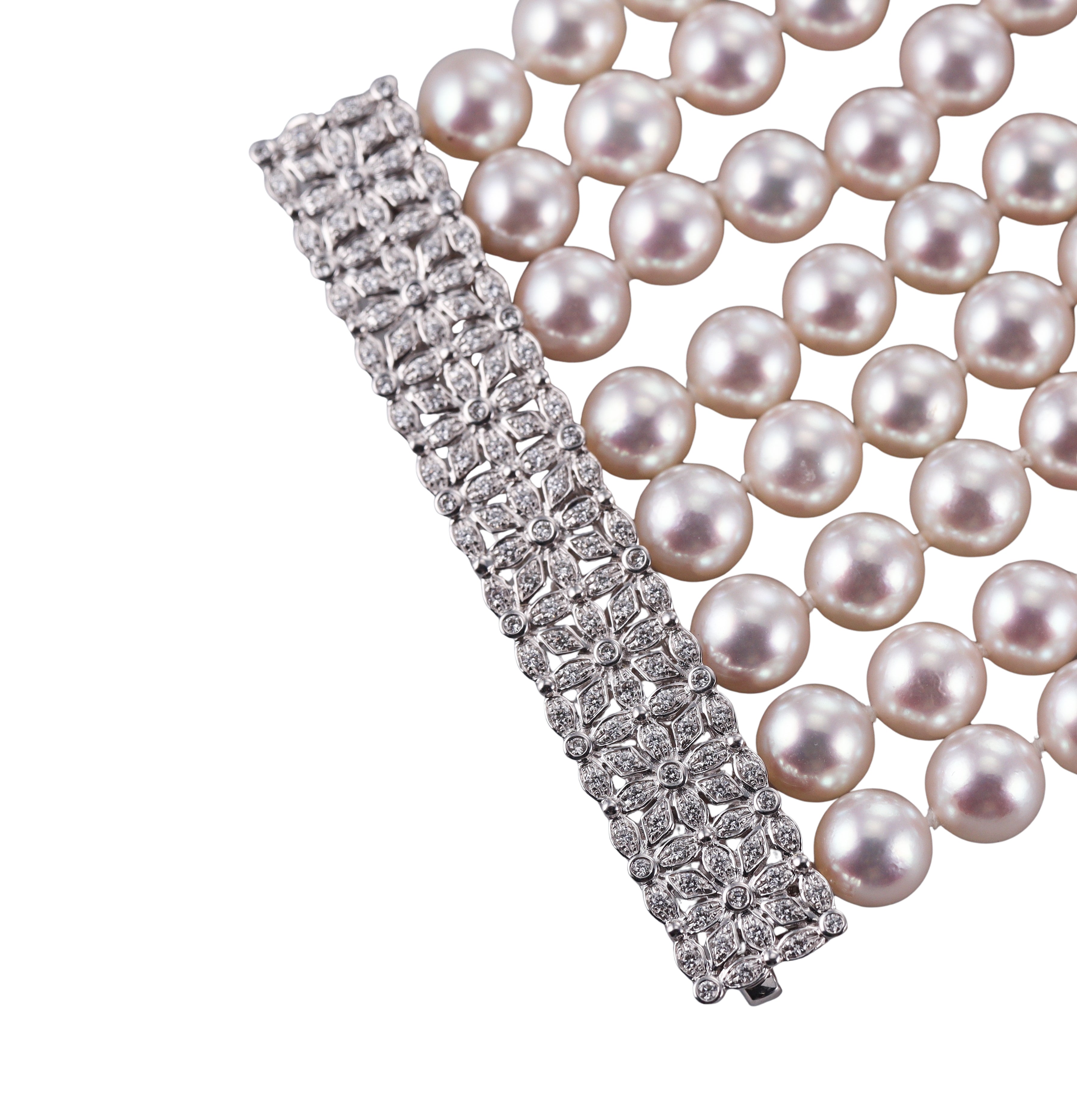 Assael Pearl Diamond Gold Wide Multi Strand Bracelet