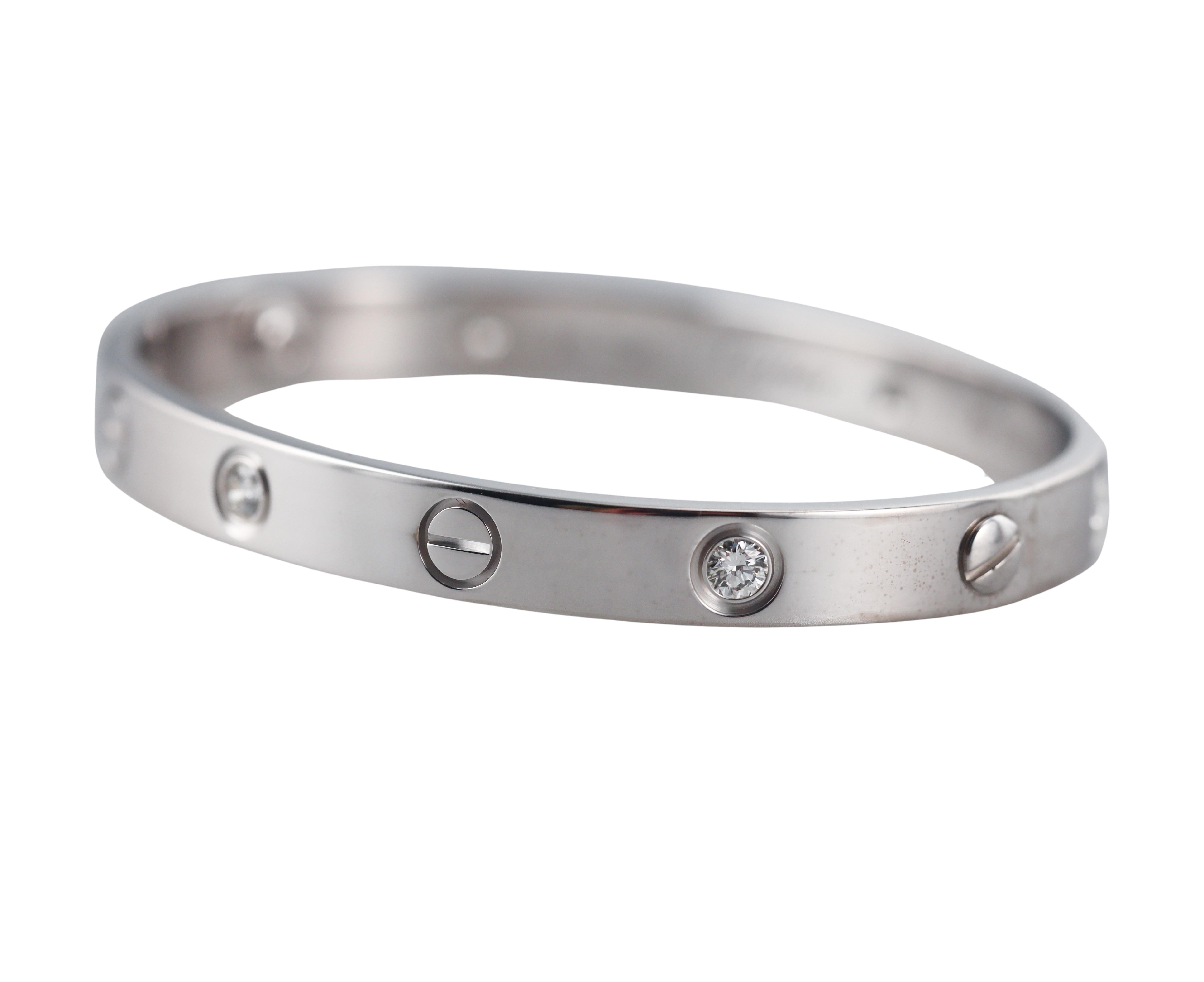 Cartier Love White Gold 4 Diamond Classic Model Bracelet Size 16