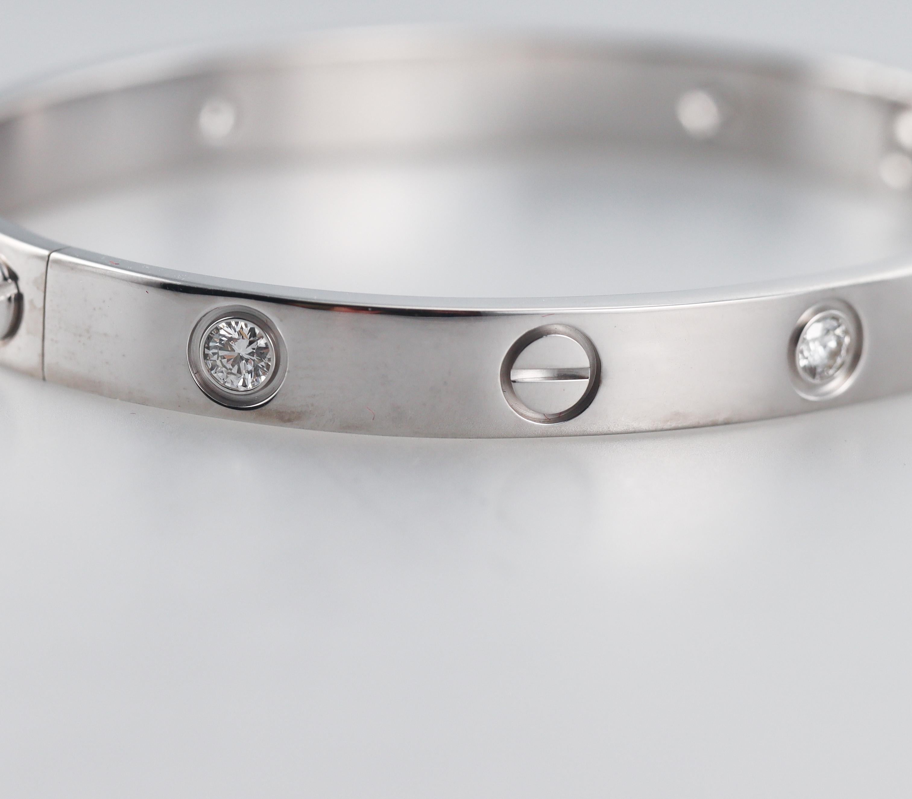 Cartier Love White Gold 4 Diamond Classic Model Bracelet Size 16