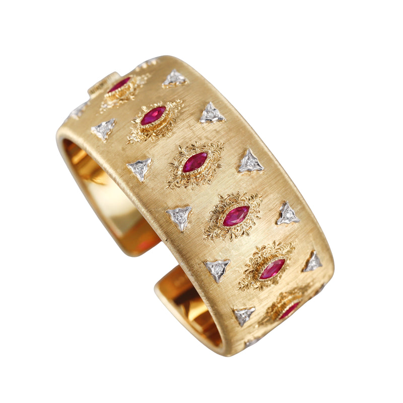 Mario Buccellati Classic Cuff Diamond Ruby Gold Bracelet