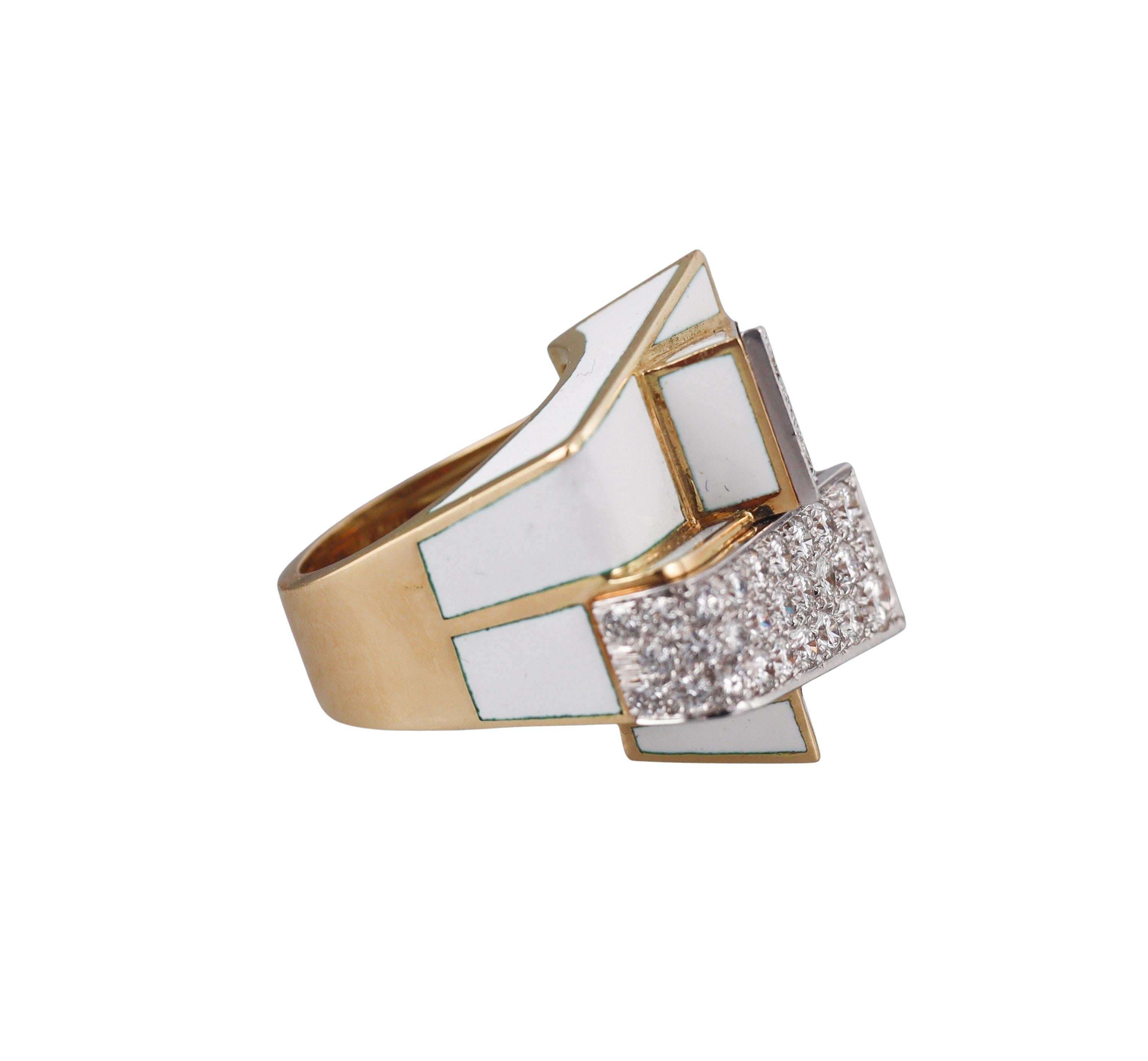David Webb Ski Slope Diamond Enamel Gold Platinum Ring
