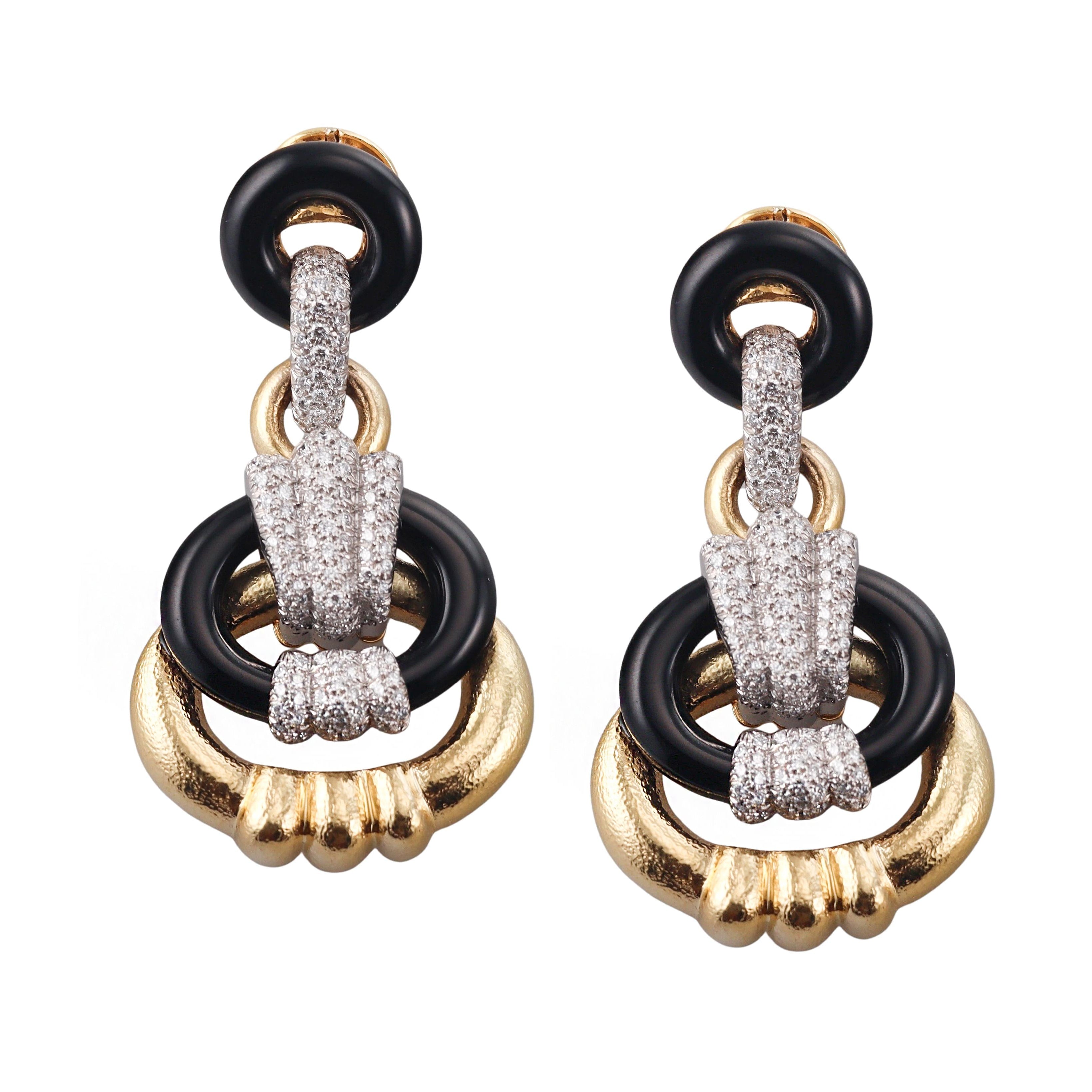 David Webb Creole Hoop Diamond Onyx Gold Platinum Earrings