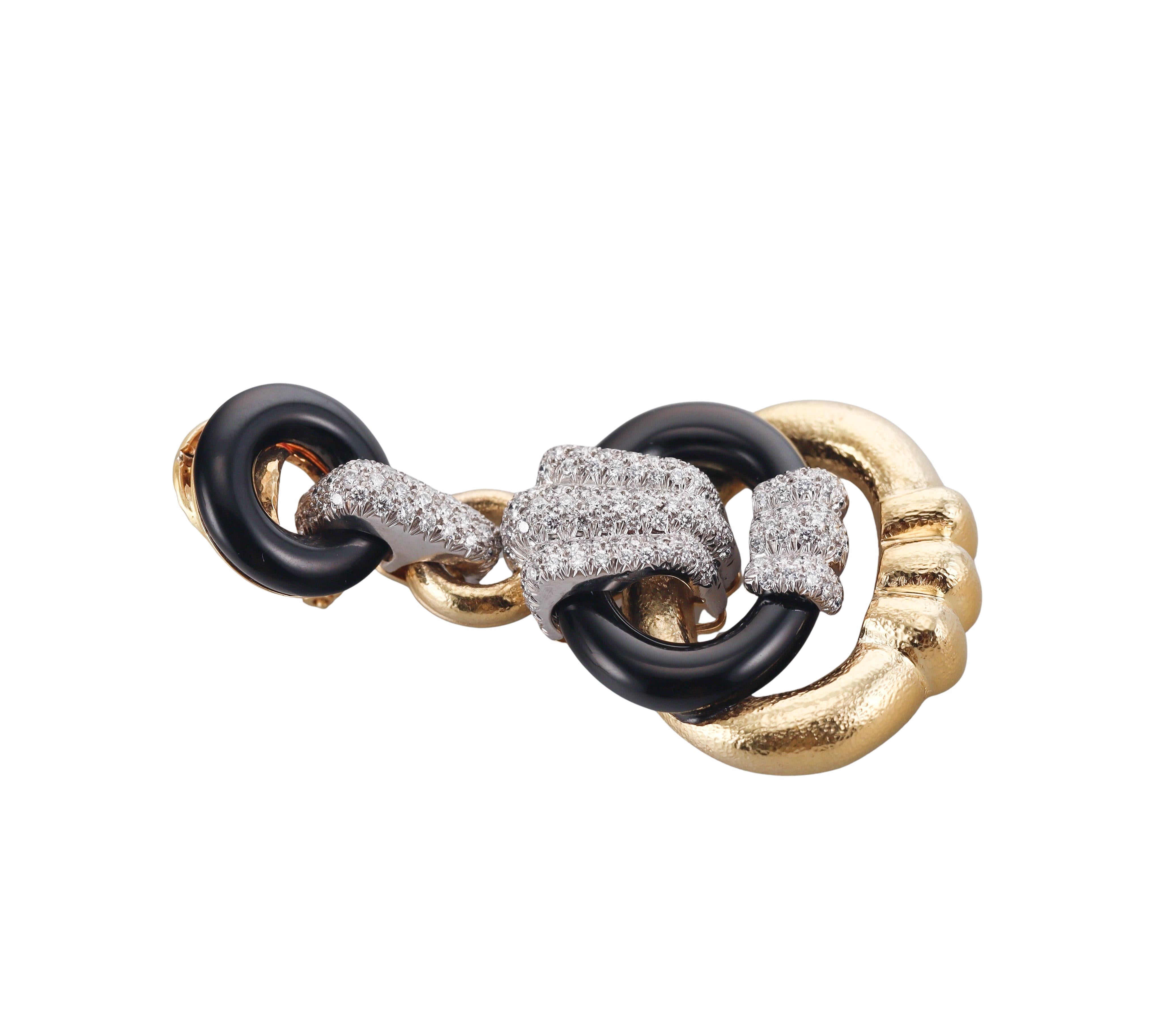 David Webb Creole Hoop Diamond Onyx Gold Platinum Earrings