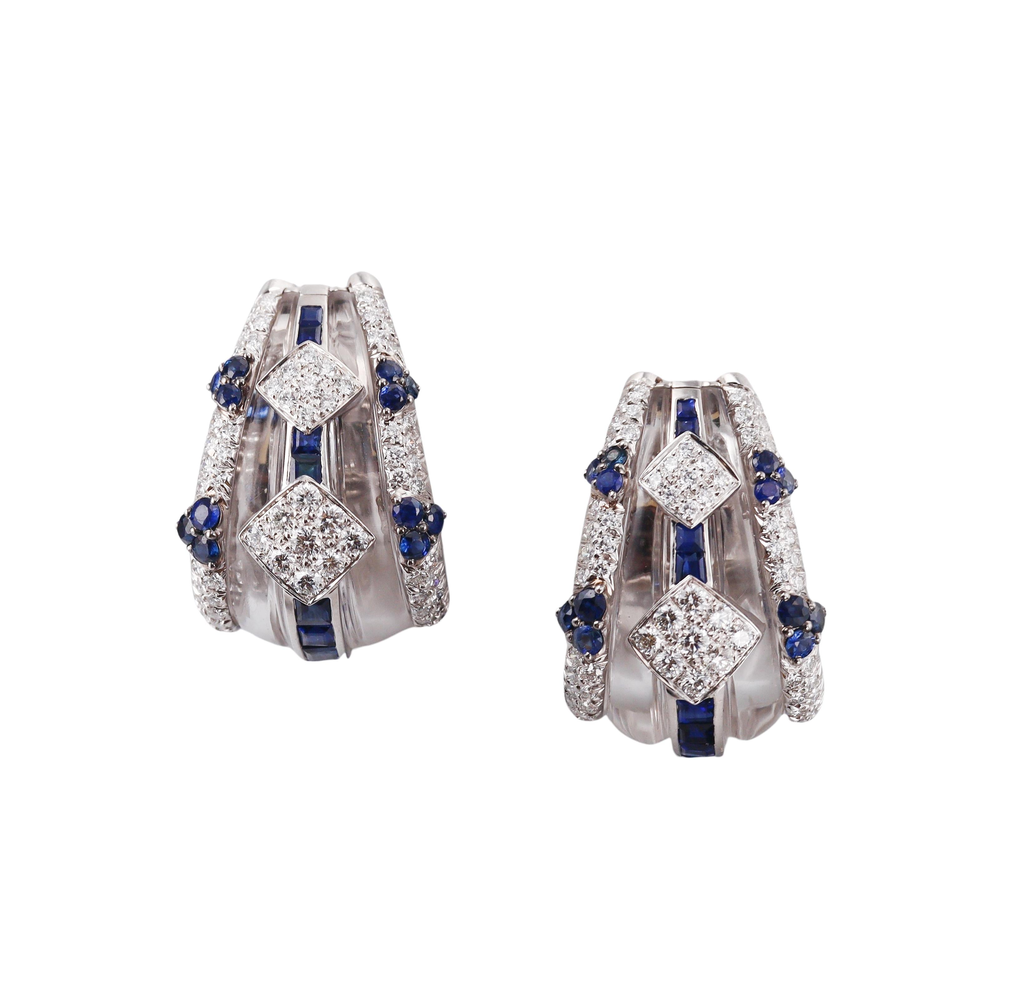 David Webb Crystal Diamond Sapphire Gold Platinum Half Hoop Earrings