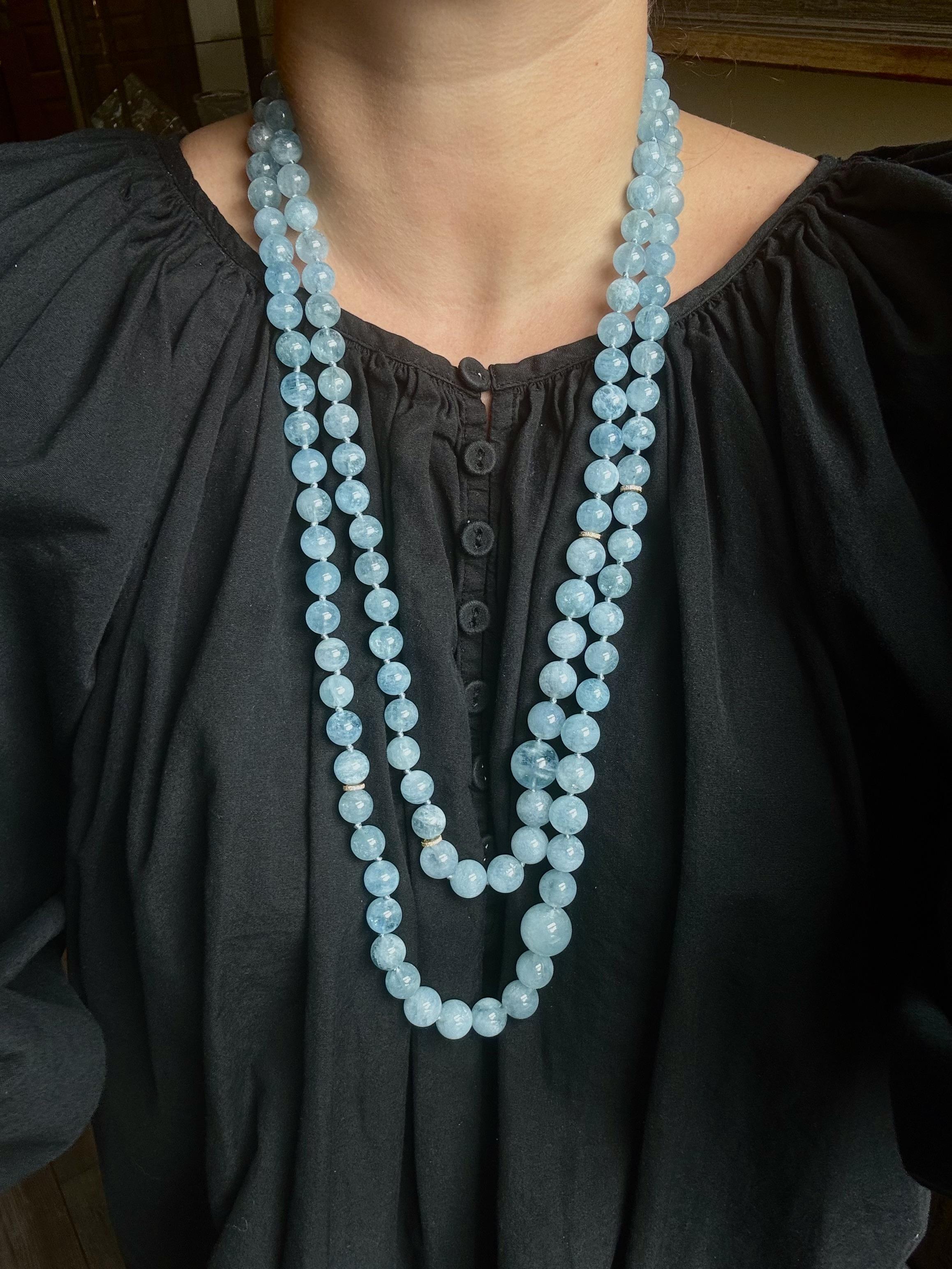 Italian Aquamarine Bead Diamond Gold Double Strand Necklace