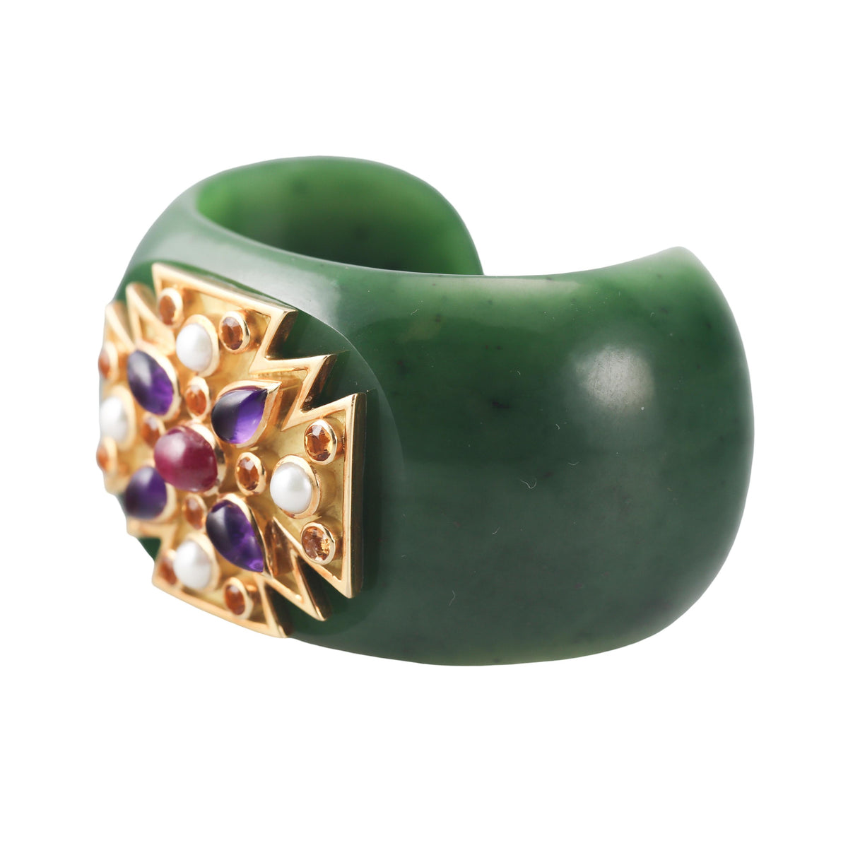 Verdura Maltese Cross Nephrite Jade Ruby Amethyst Citrine Gold Cuff Bracelet