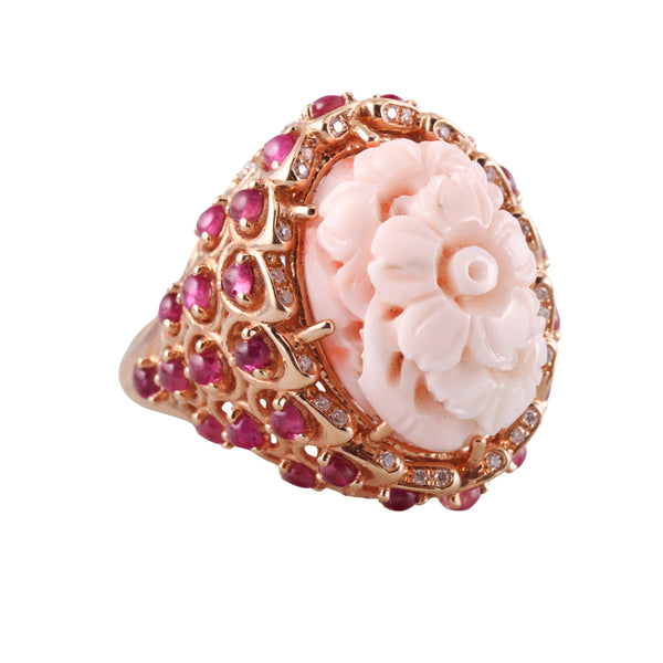 Zydo Diamond Carved Coral Ruby Gold Cocktail Ring