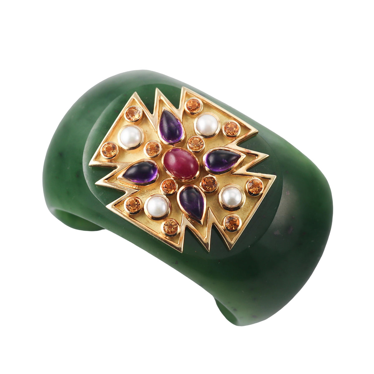 Verdura Maltese Cross Nephrite Jade Ruby Amethyst Citrine Gold Cuff Bracelet