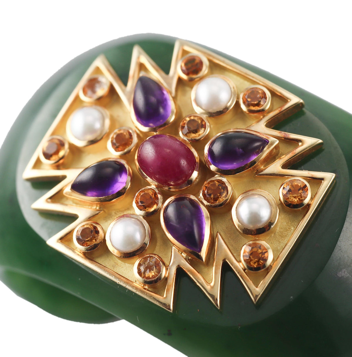 Verdura Maltese Cross Nephrite Jade Ruby Amethyst Citrine Gold Cuff Bracelet