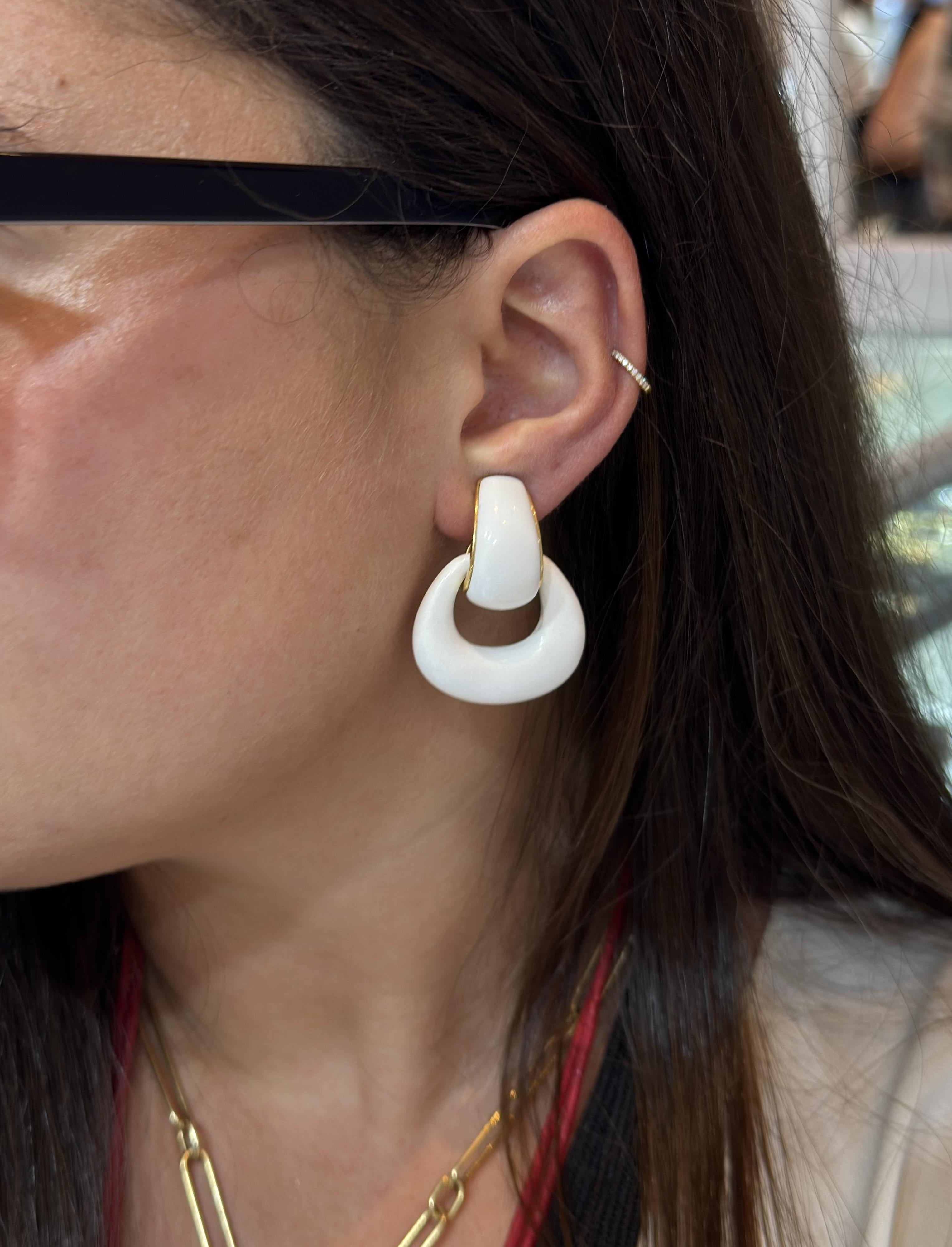 Seaman Schepps Gold White Agate Madison Doorknocker Hoop Earrings