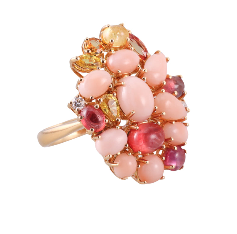 Zydo Diamond Coral Sapphire Tourmaline Gold Cocktail Ring