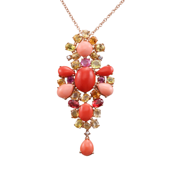 Zydo Diamond Multi Sapphire Coral Gold Pendant Necklace