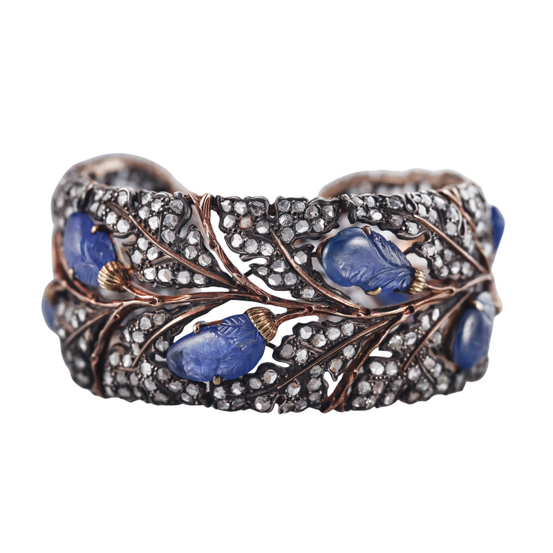 Vintage Buccellati Carved Sapphire Diamond Gold Silver Cuff Bracelet