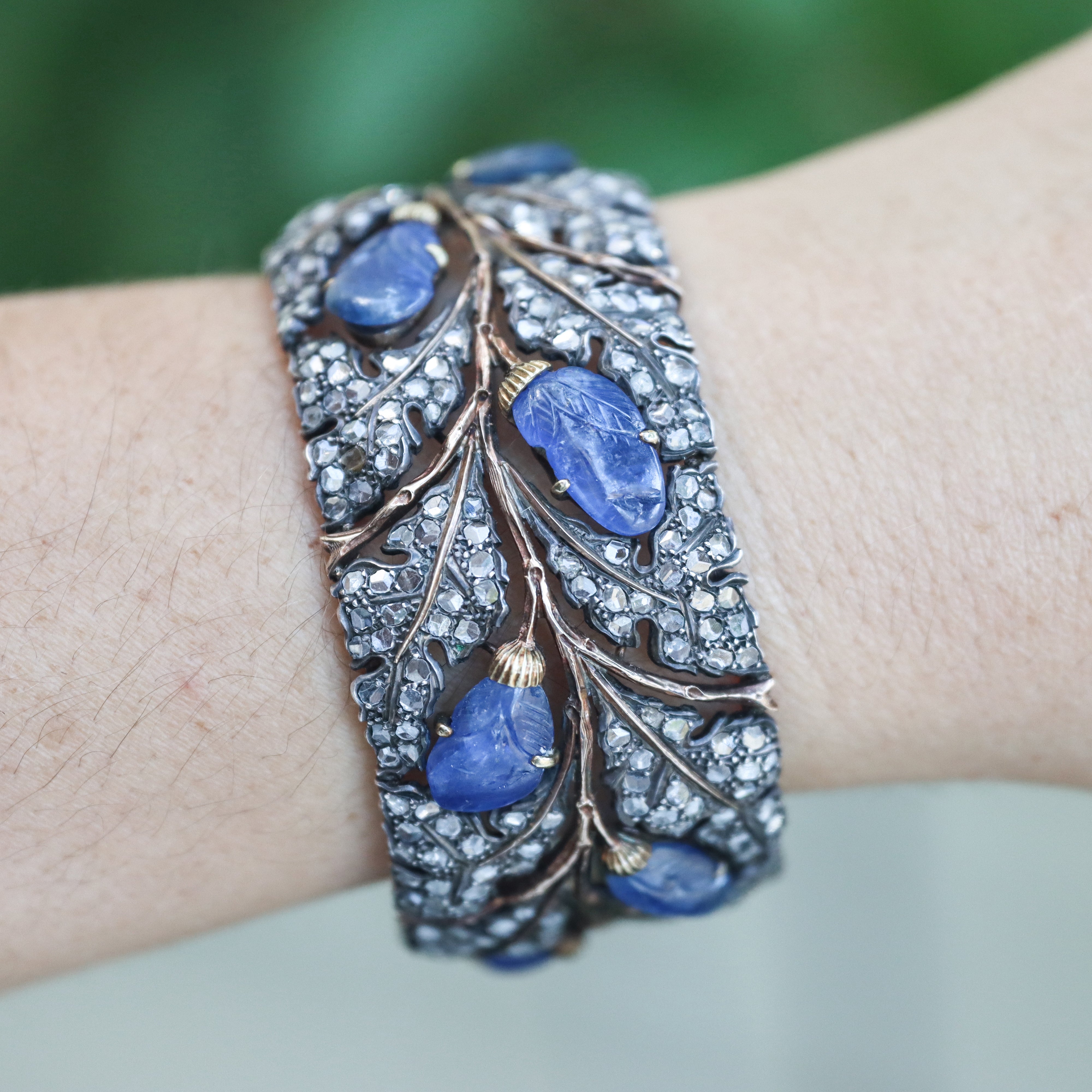 Vintage Buccellati Carved Sapphire Diamond Gold Silver Cuff Bracelet