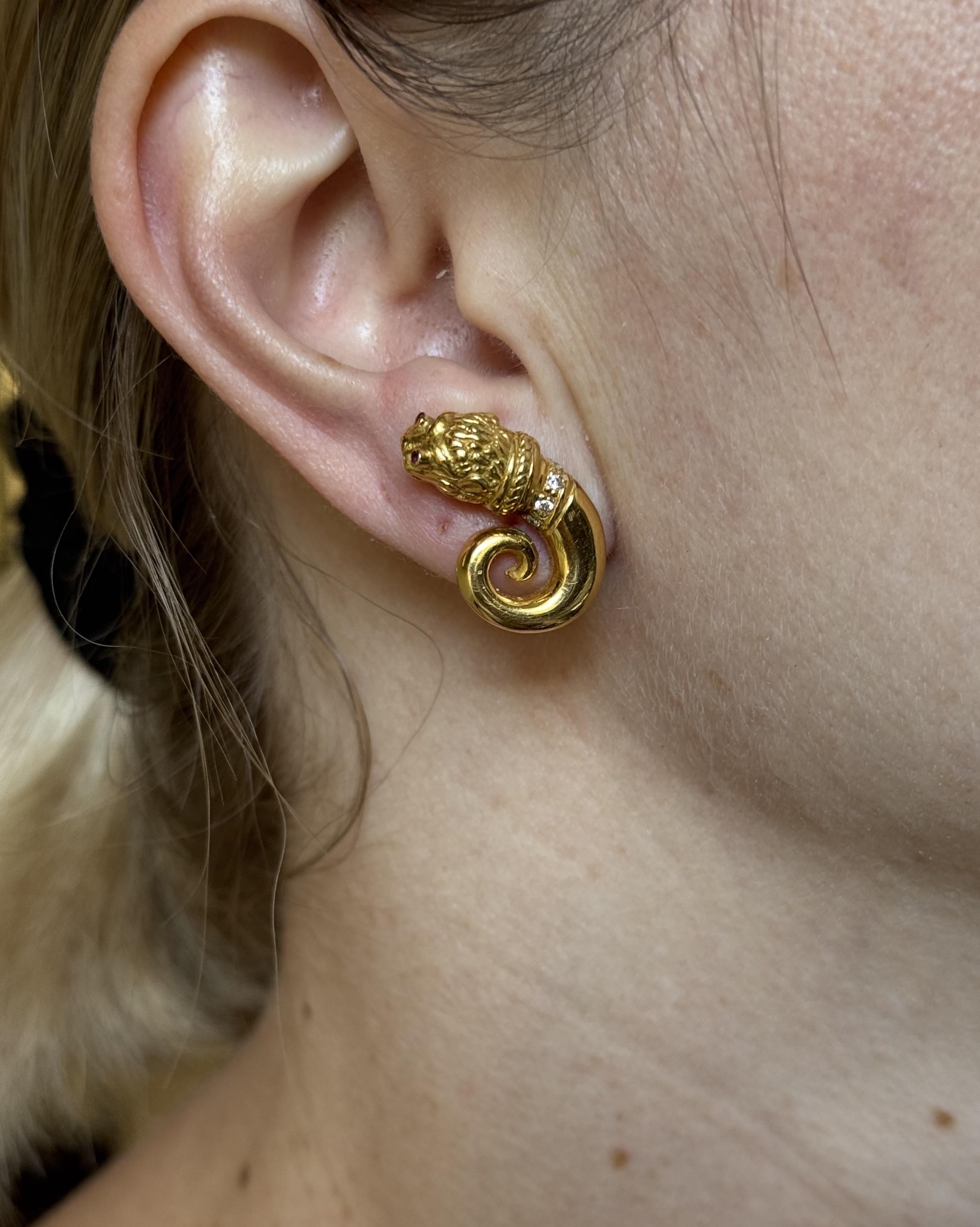 Zolotas Greece Gold Ruby Diamond Chimera Swirl Earrings