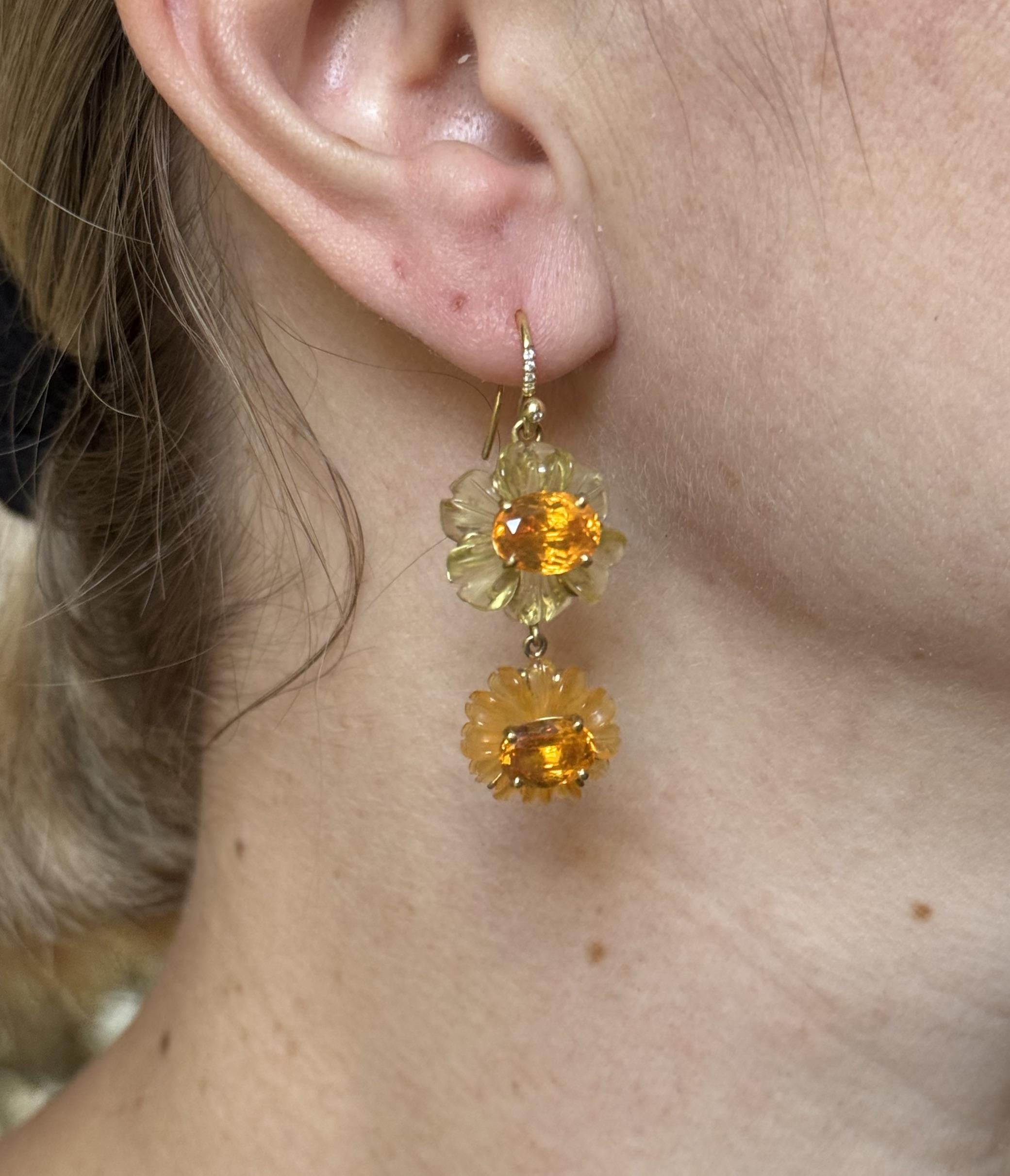 Irene Neuwirth Carved Fire Opal Diamond Gold Flower Drop Earrings