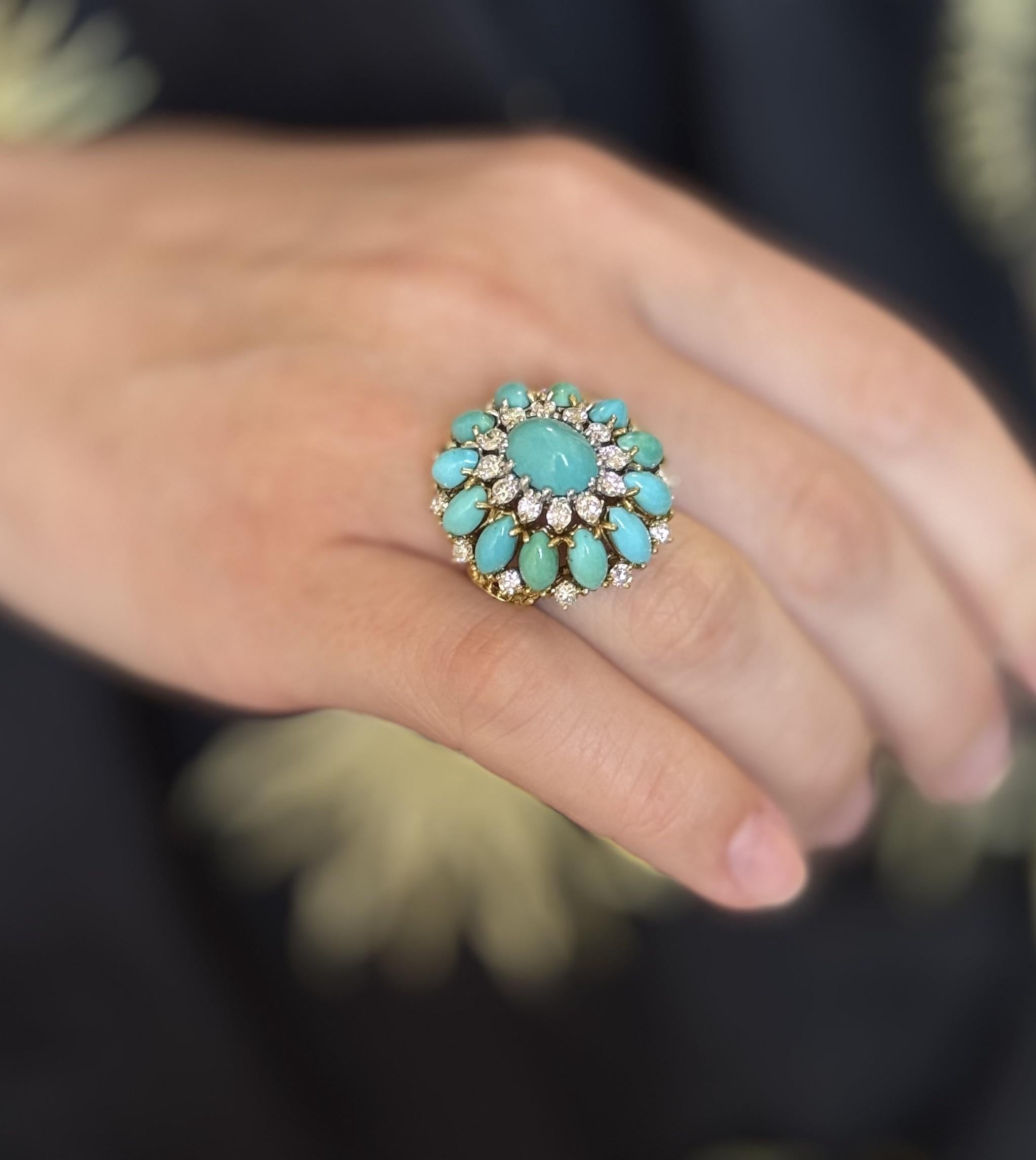 1960s Turquoise Diamond Gold Cocktail Ring