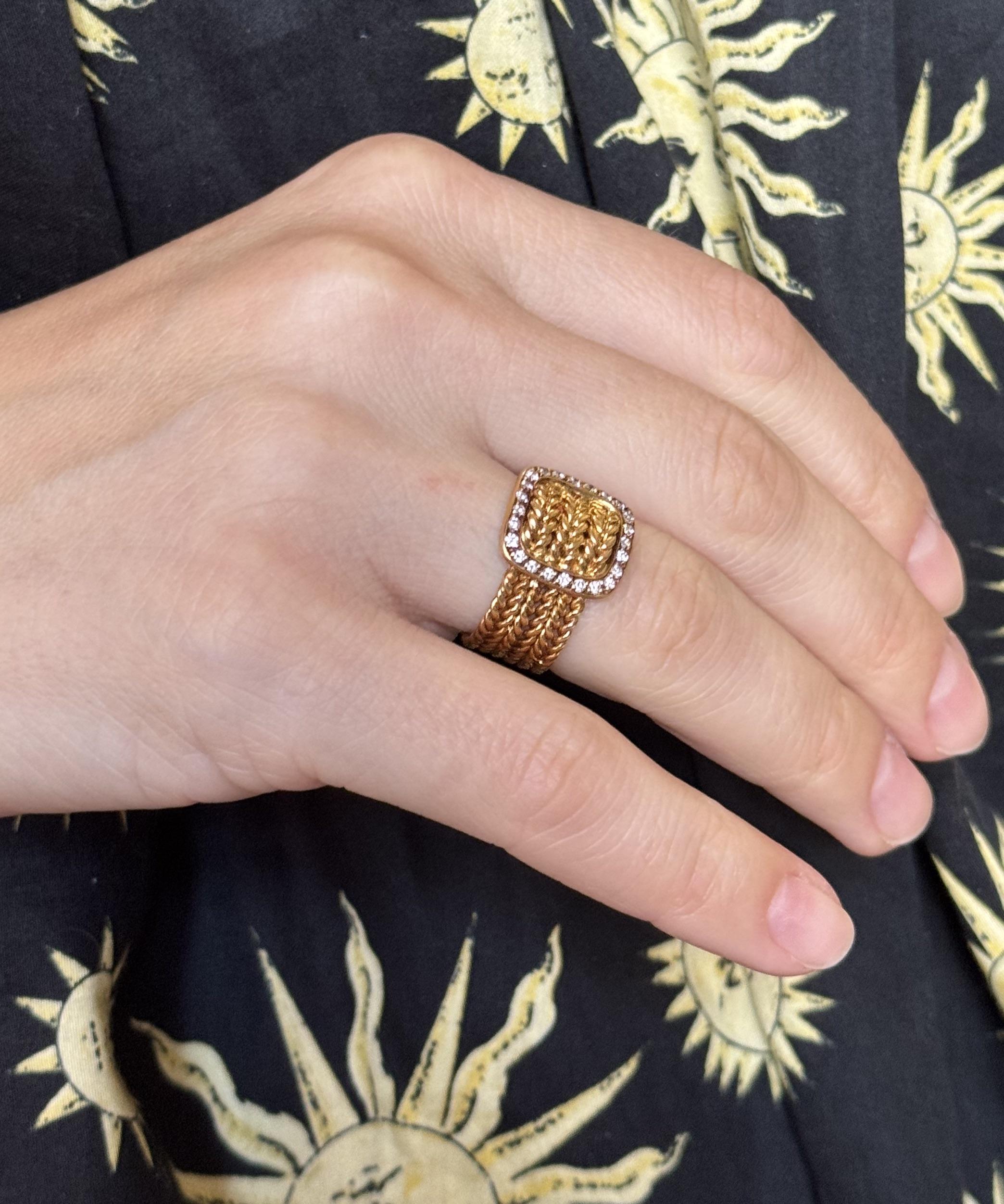 Hermes Vintage Gold Diamond Woven Buckle Ring
