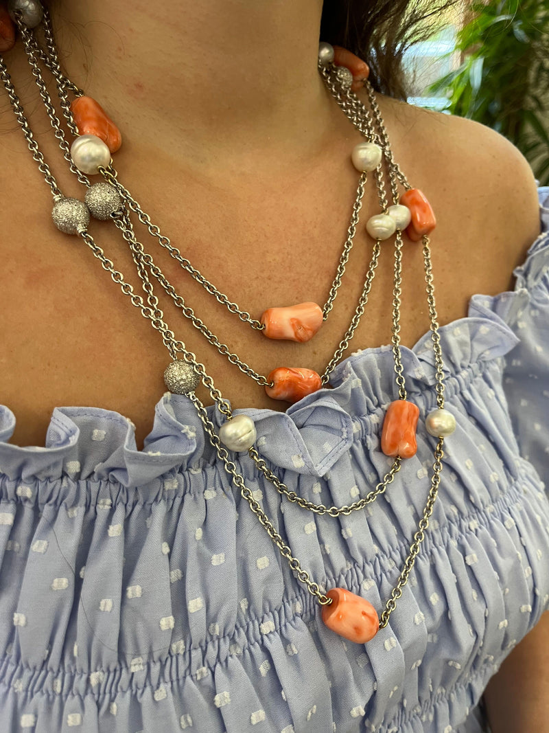 Coral Diamond Pearl Gold Long Station Necklace Set