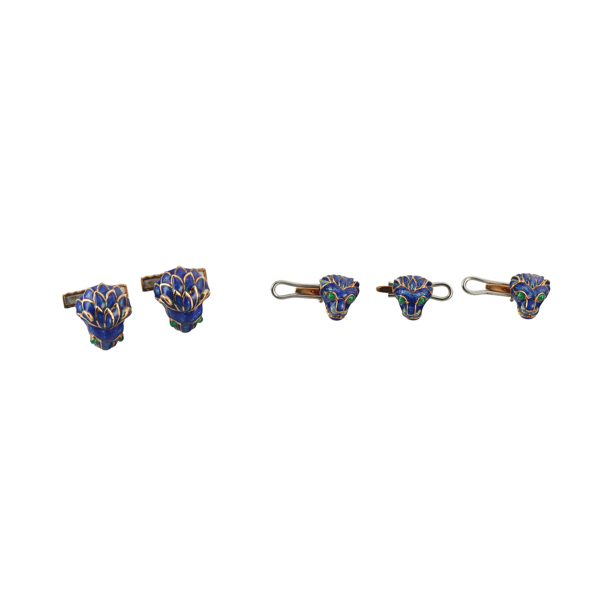 David Webb Enamel Emerald Lion Head Cufflinks Studs Set