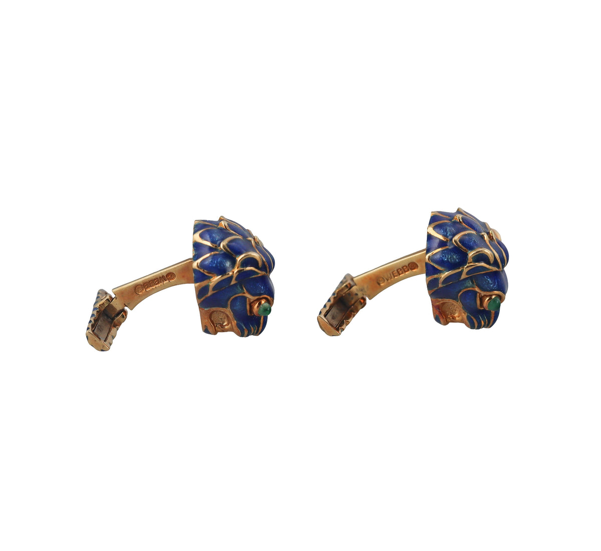 David Webb Enamel Emerald Lion Head Cufflinks Studs Set