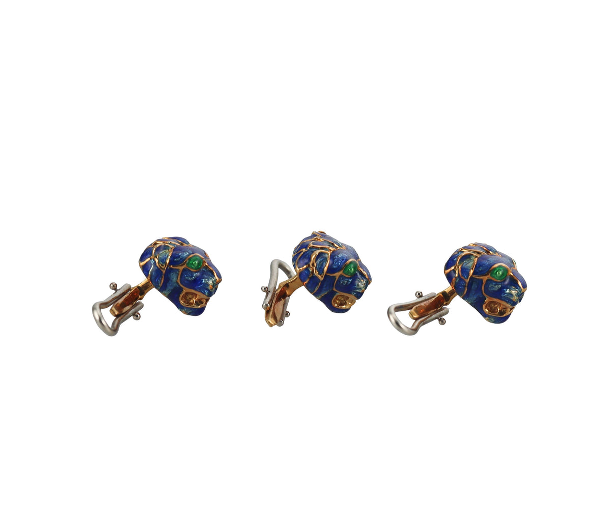 David Webb Enamel Emerald Lion Head Cufflinks Studs Set