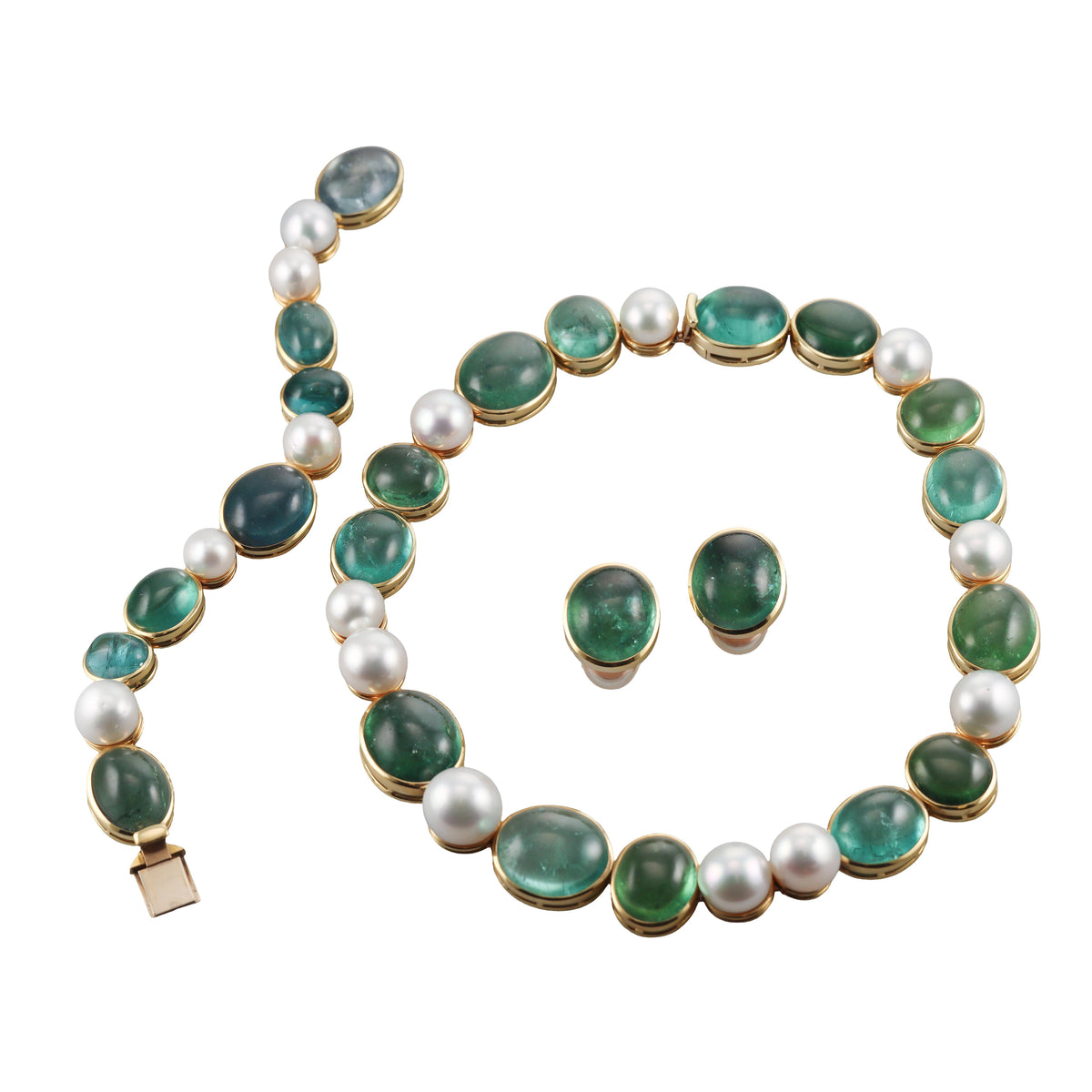 Leo de Vroomen Aquamarine Pearl Gold Necklace Earrings Bracelet Suite