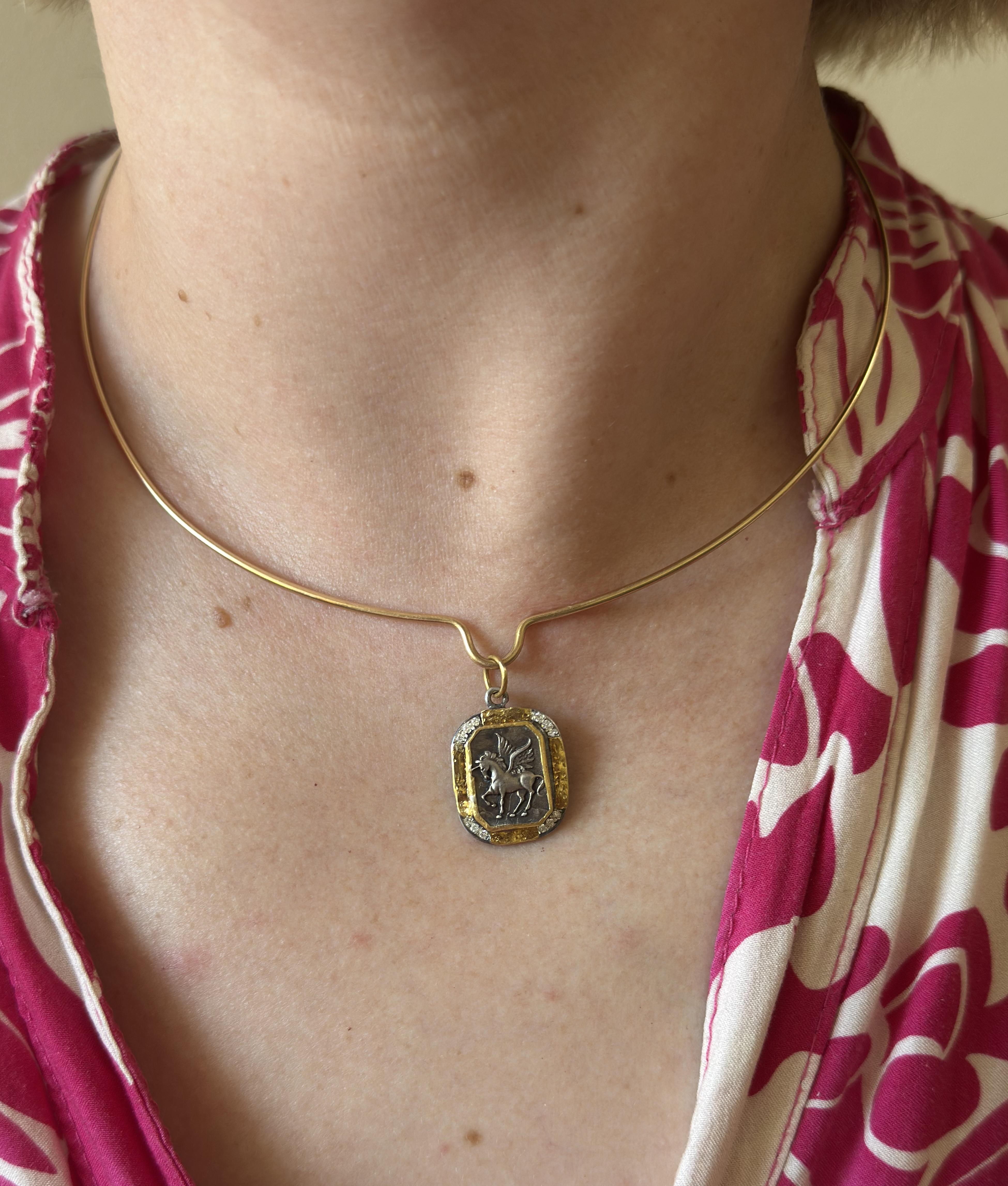 Ancient Inspired Silver Gold Diamond Pegasus Pendant