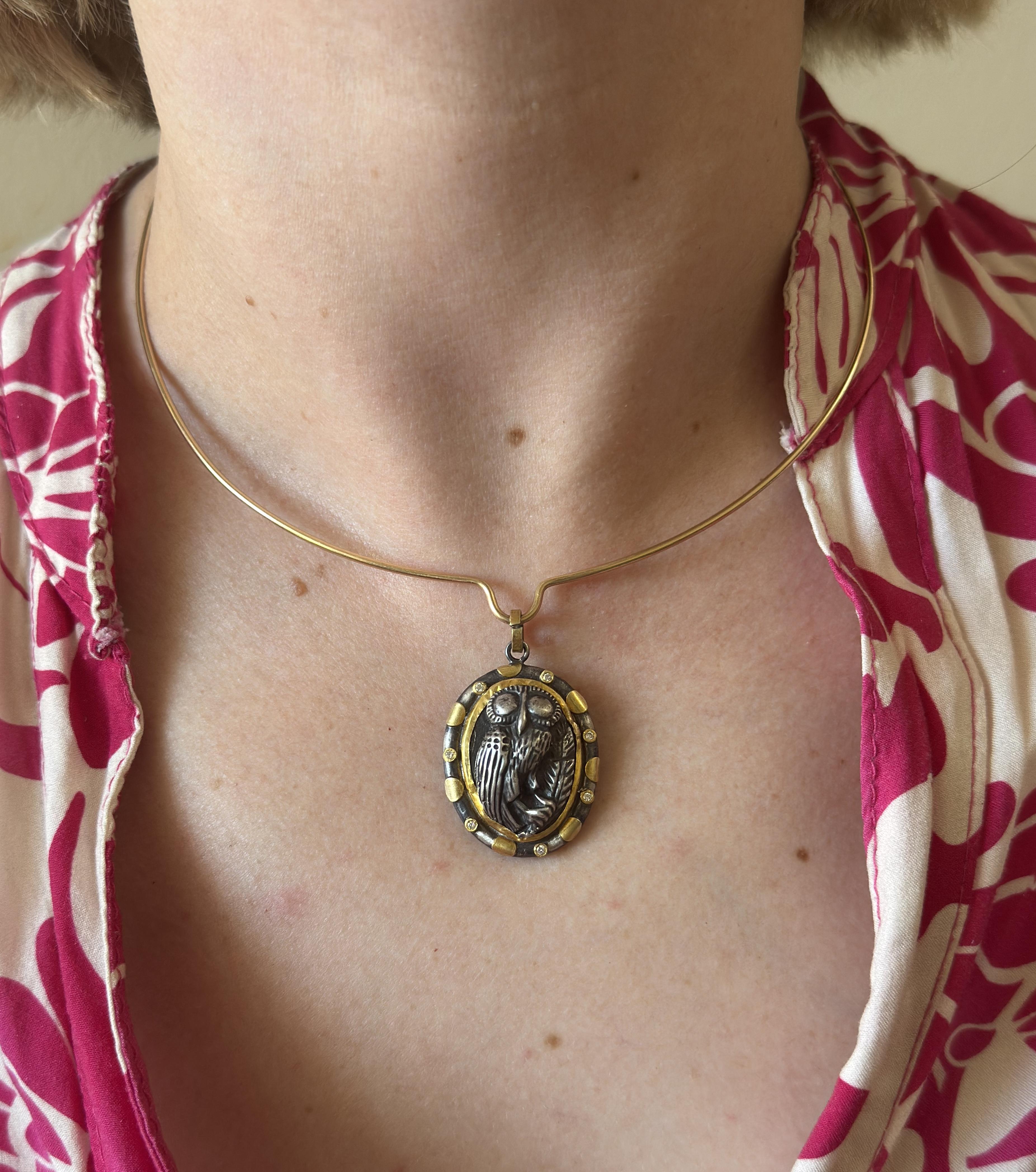 Ancient Inspired Gold Silver Diamond Athena Owl Pendant