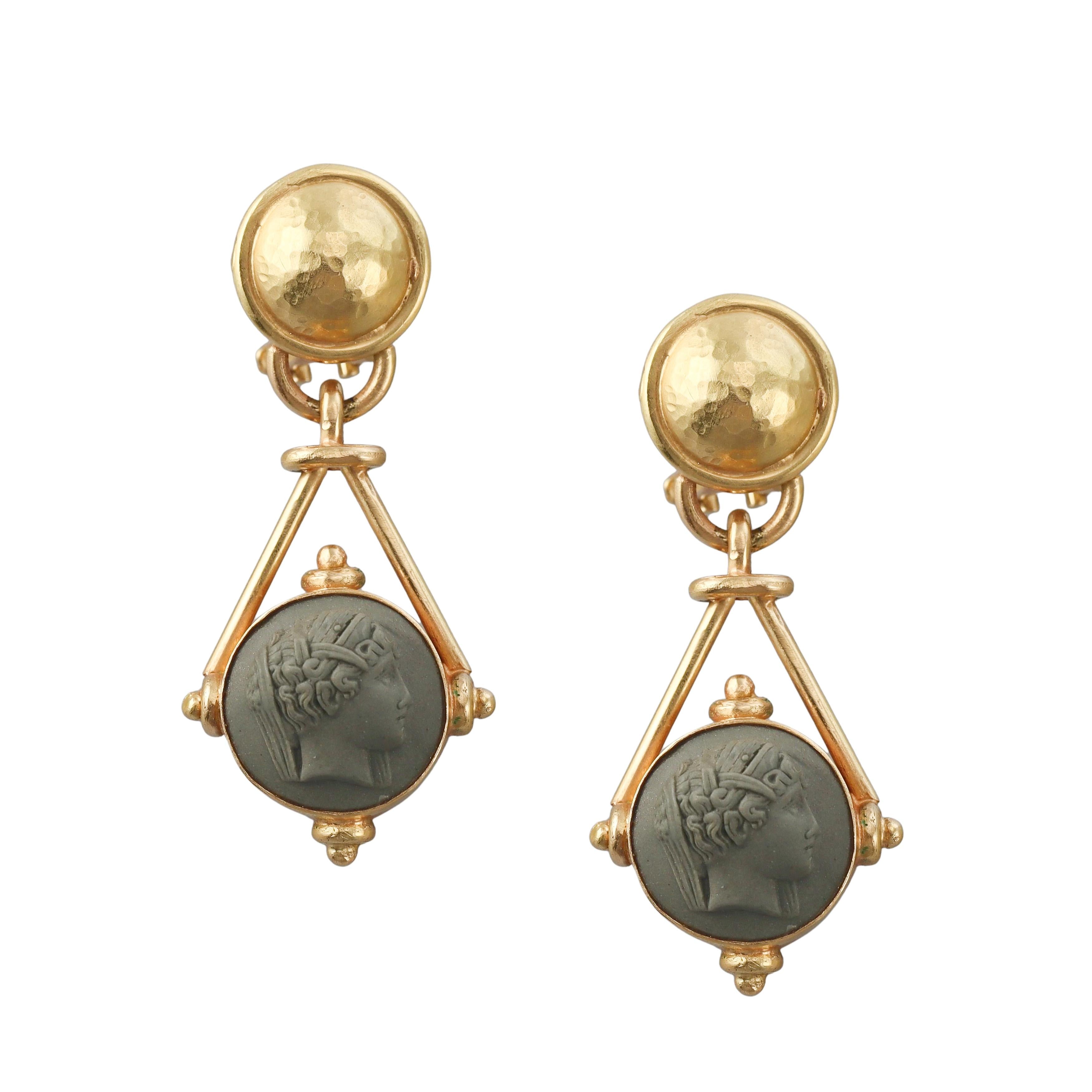 Elizabeth Locke Lava Cameo Gold Drop Earrings