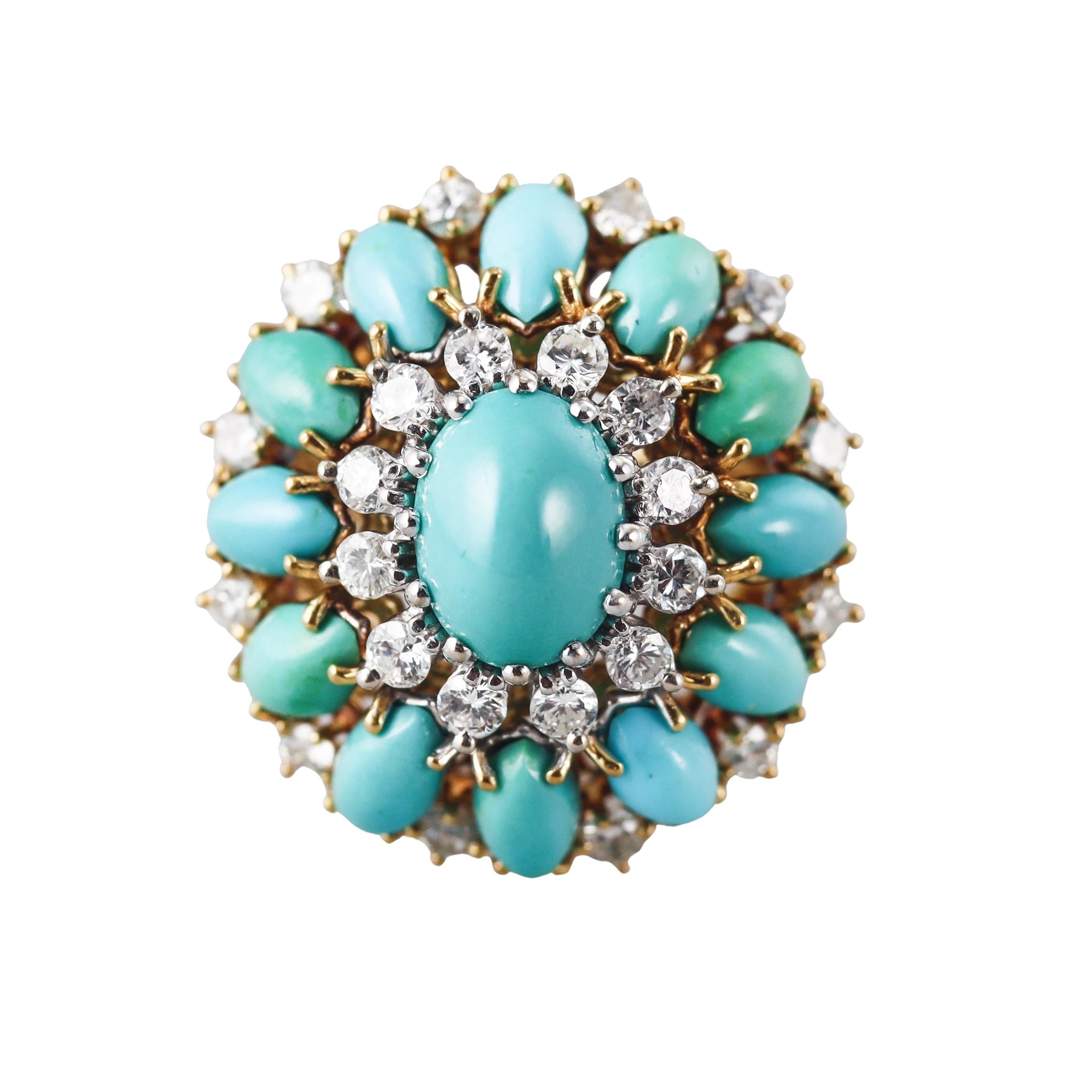 1960s Turquoise Diamond Gold Cocktail Ring