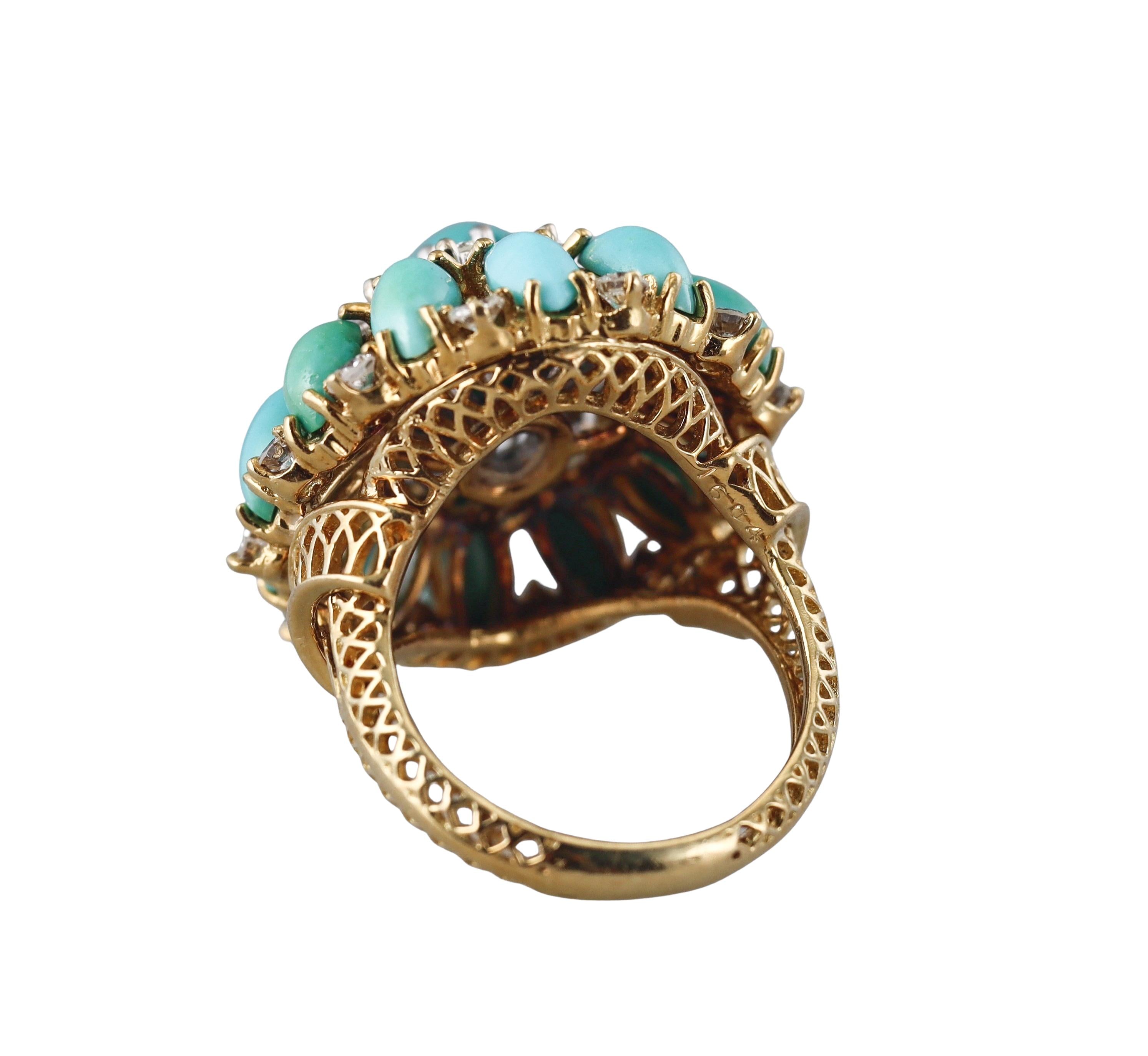 1960s Turquoise Diamond Gold Cocktail Ring