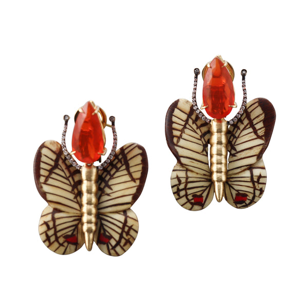 Silvia Furmanovich Fire Opal Diamond Marquetry Gold Butterfly Earrings